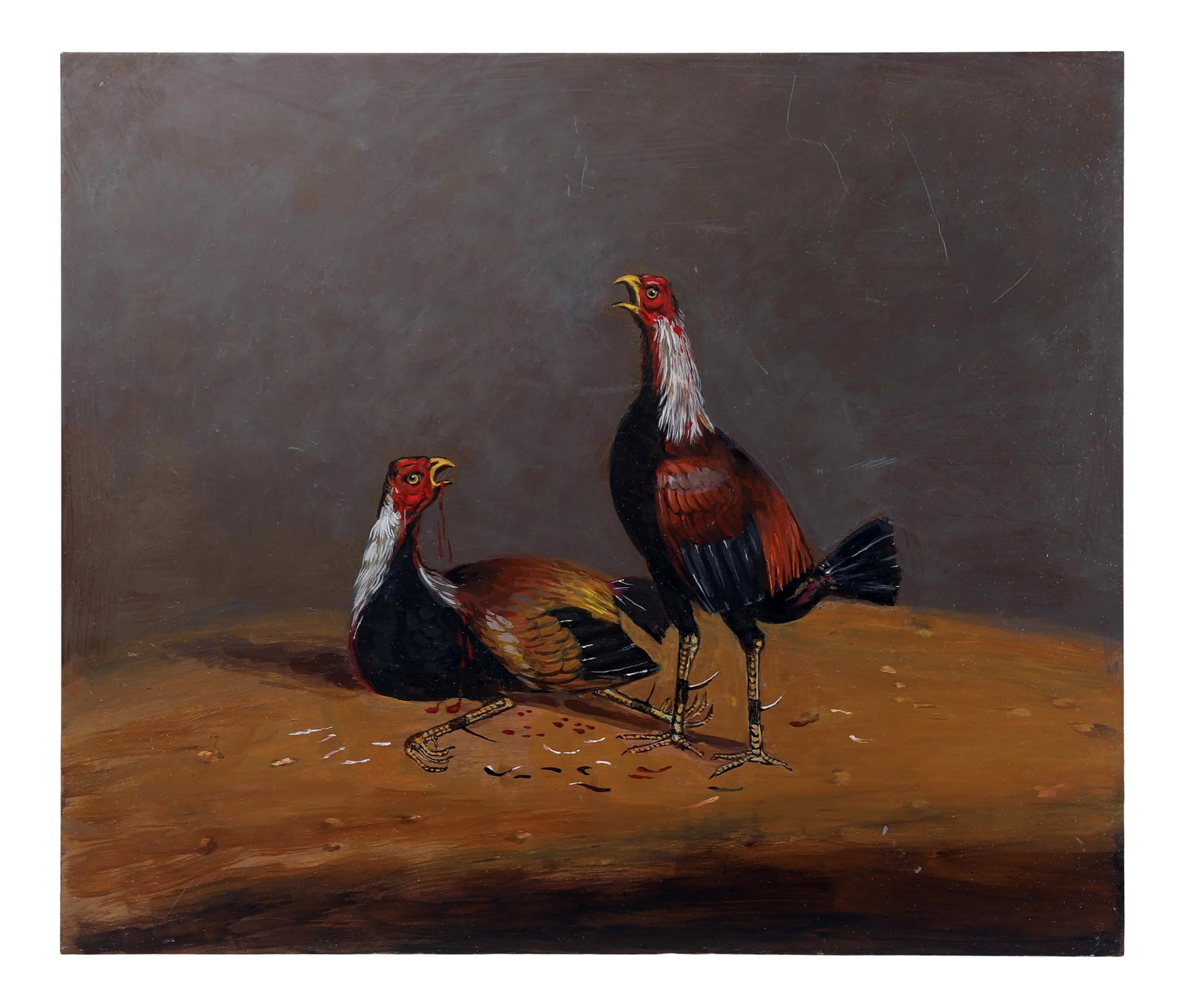 Traditional Painting of Two Roosters in a Fight on Iron - Part 3: Painting depicts two roosters at the end of the duel, one standing over the other. Lit on a patch of dirt with a grey background, the victor stands over fallen feathers. Condition: Alterations: