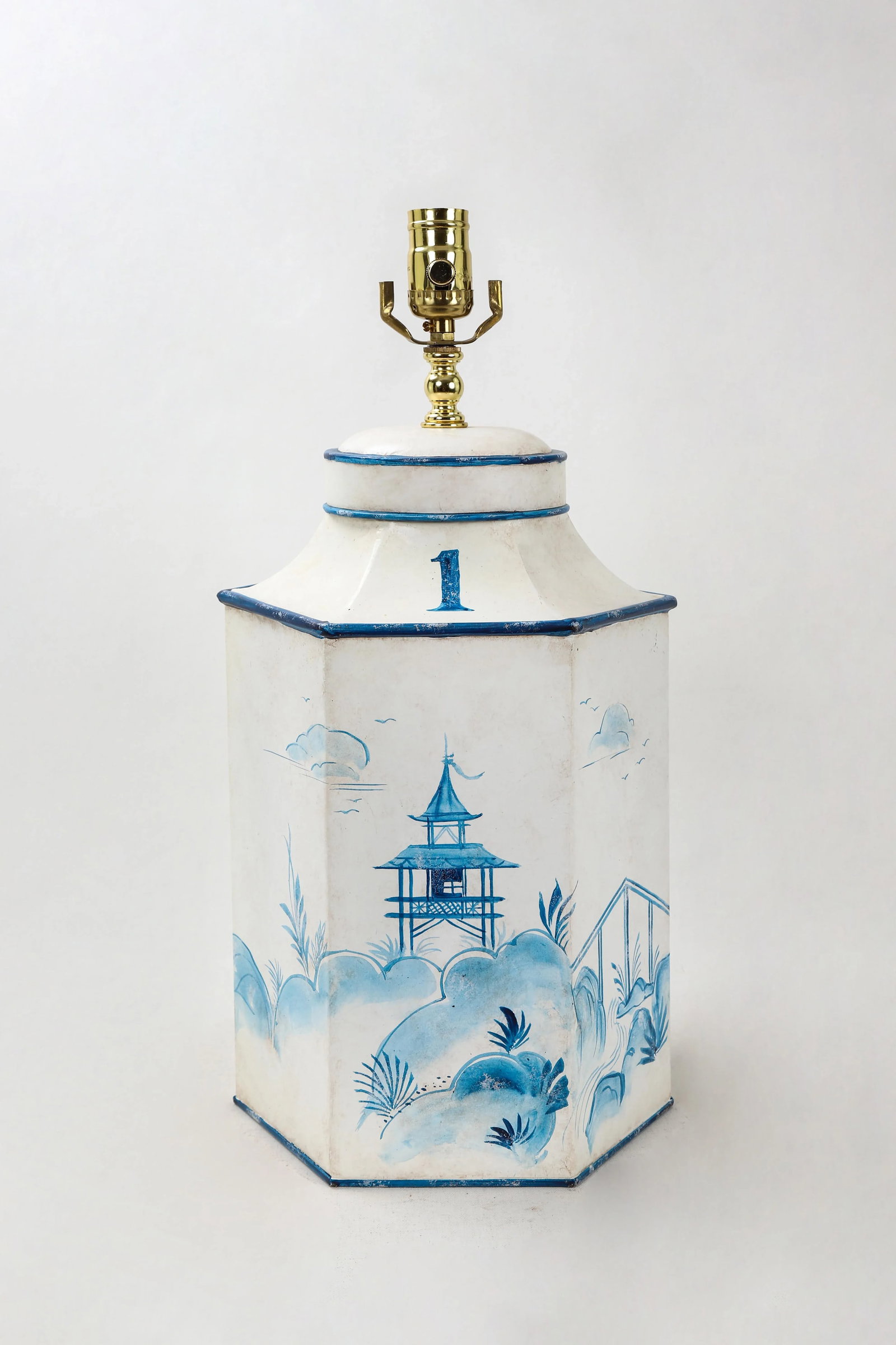 Mid 20th Century Vintage Hexagonal Blue & White Tole Tea Caddy #1 - 10
