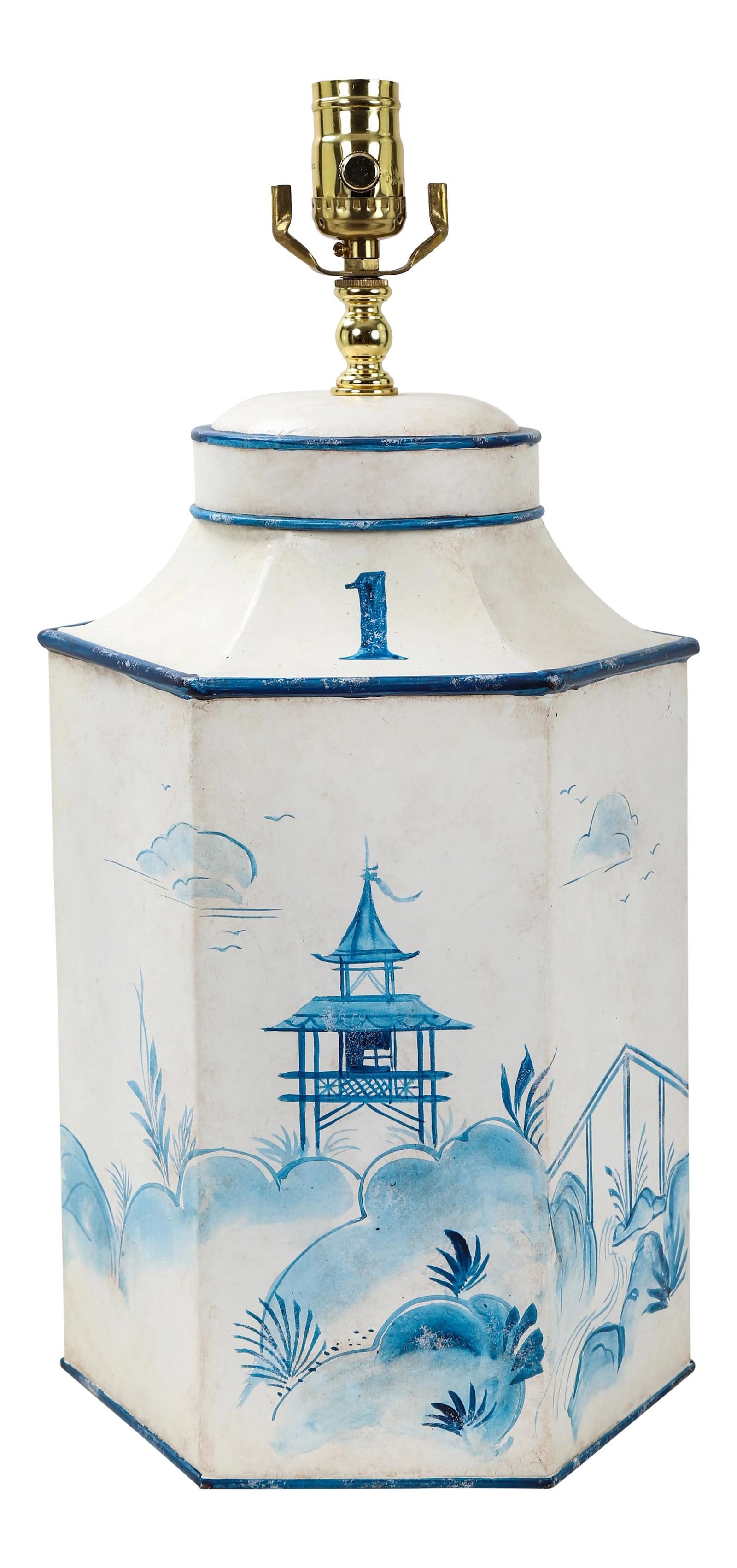Mid 20th Century Vintage Hexagonal Blue & White Tole Tea Caddy #1: Vintage hexagonal tole tea caddy with handpainted blue and white pagoda scenery. Labeled "#1". Condition: Alterations: Original Condition Unaltered Imperfections: Some Imperfections Condition Notes: