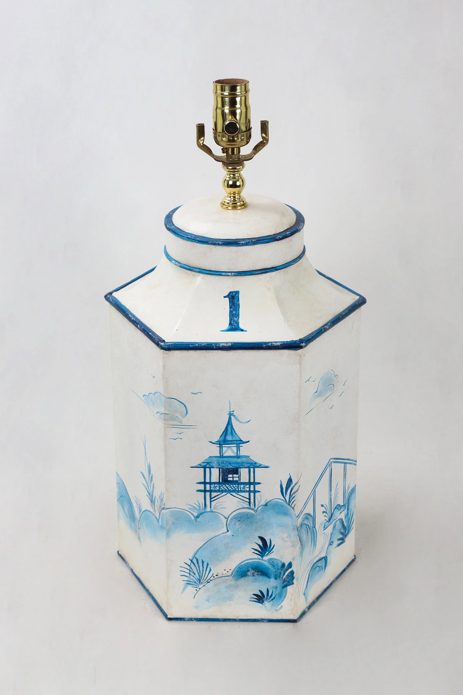 Mid 20th Century Vintage Hexagonal Blue & White Tole Tea Caddy #1 - 2