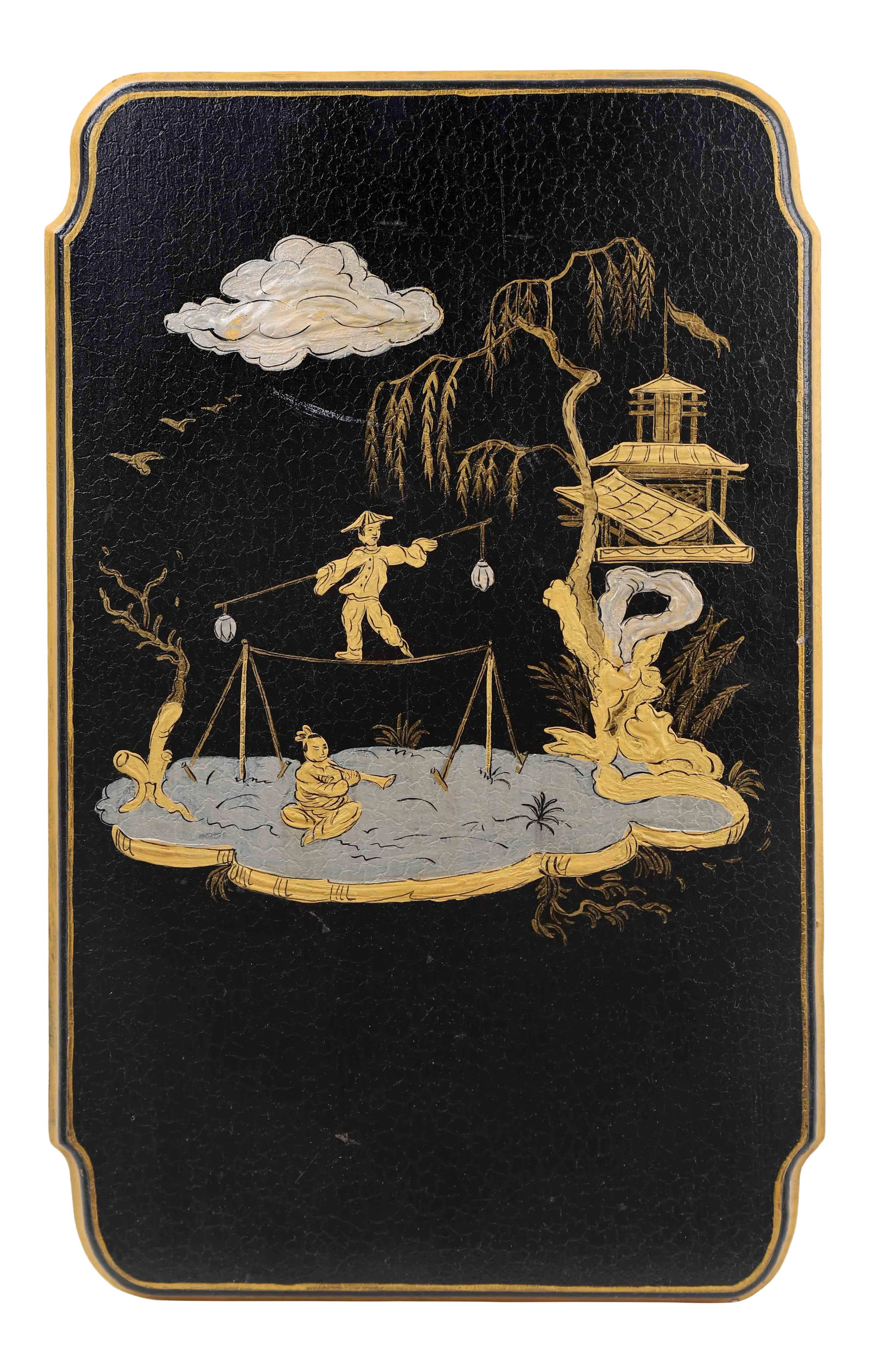 Vintage Black and Gold Chinoiserie Wooden Wall Plaque: This Vintage wooden wall plaque features an acrobatic performer and a musician in gold color against a stylized oriental black backdrop. Condition: Imperfections: Some Imperfections Condition Notes: