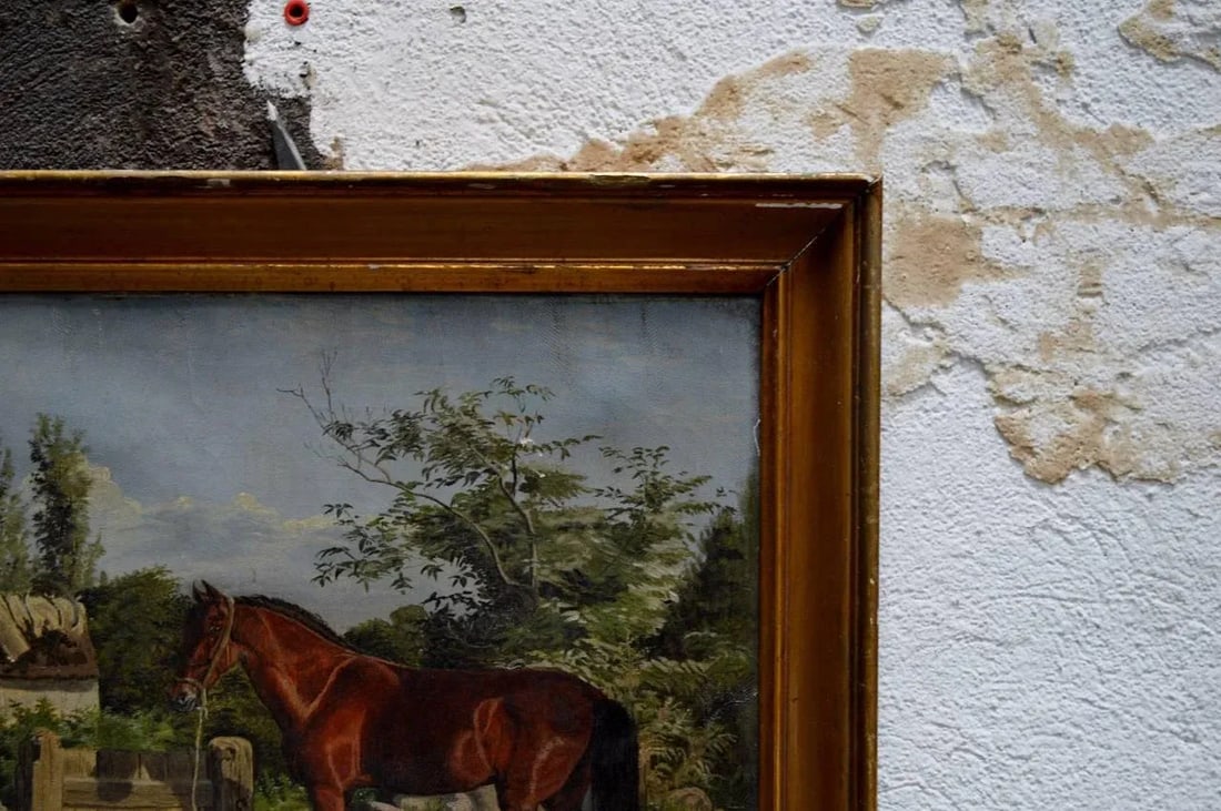 Antique Framed Flemish Equine and Dog Painting - 5
