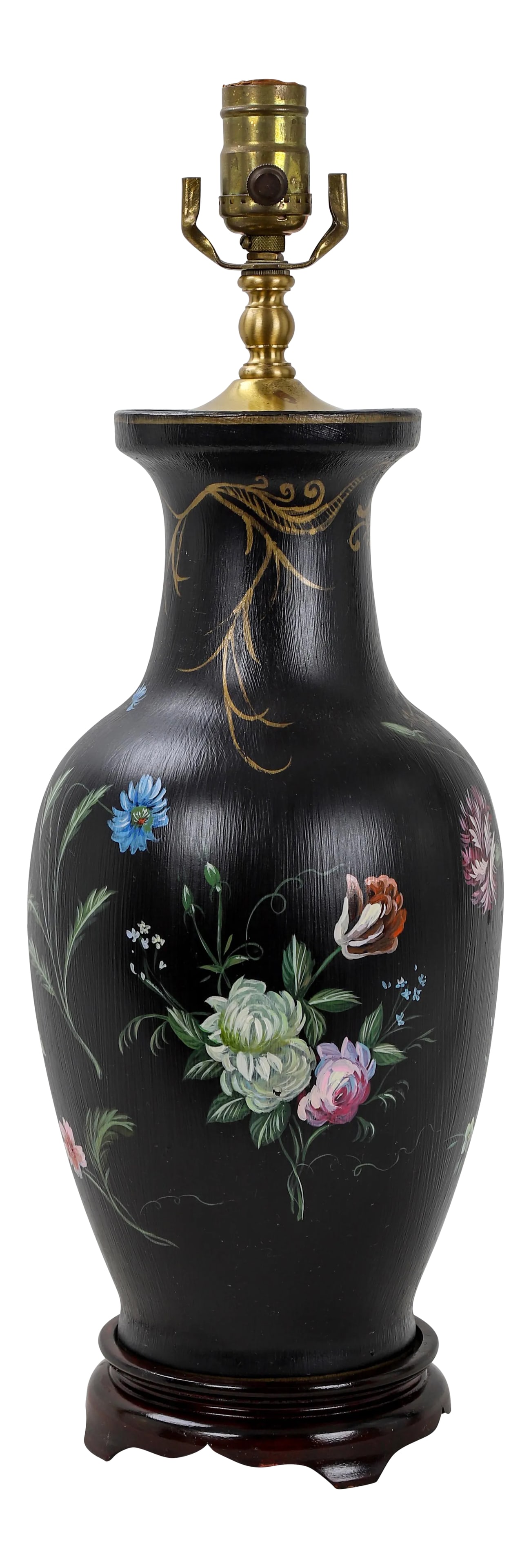 Early 20th Century Vintage Porcelain Vase Lamp: Vintage porcelain vase lamp painted black with colorful blooms of assorted flowers. Along with some gold color detailing around the neck. Condition: Alterations: Original Condition Unaltered Imperfect