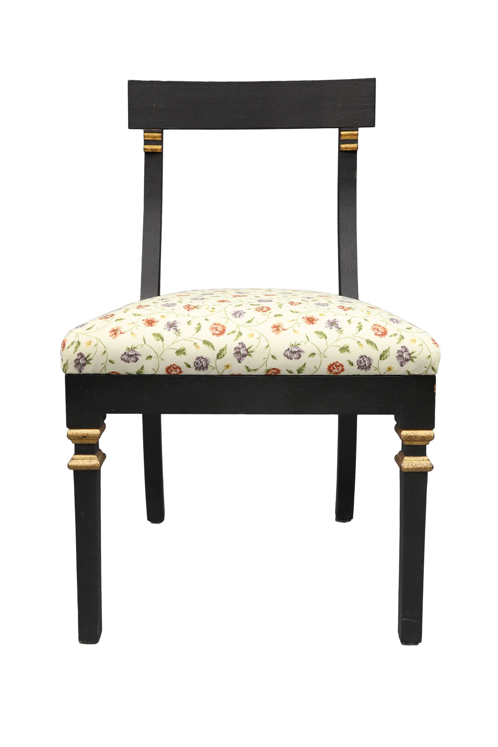Late 20th Century Vintage Floral Print Upholstered Chair: This elegant chair finished in a dark stain is upholstered in an arabesque flower fabric with gold color accents around the legs and the back. Condition: Imperfections: Some Imperfections Condition