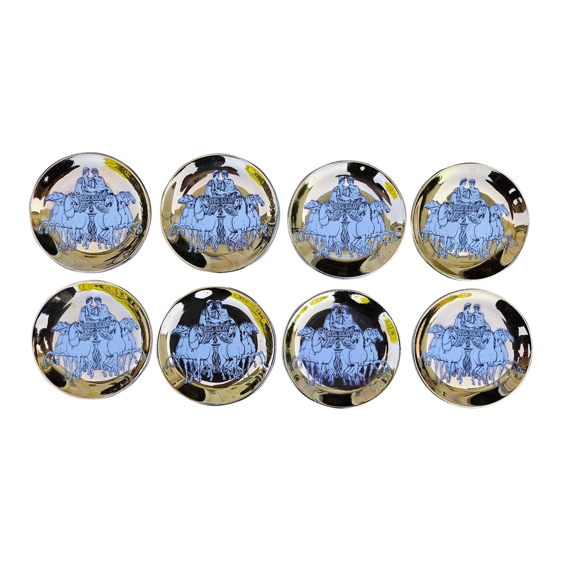 Piero Fornasetti Neo-Classical Ceramic Coaster Set of Eight With Roman Chariots: Piero Fornasetti Set of Eight Coasters of Roman Chariots on a Gold Ground, Made Exclusively for Saks Fifth Avenue, With Rare Orange & White Printed Box, 1950s- Early 60s. Each coaster is similarly