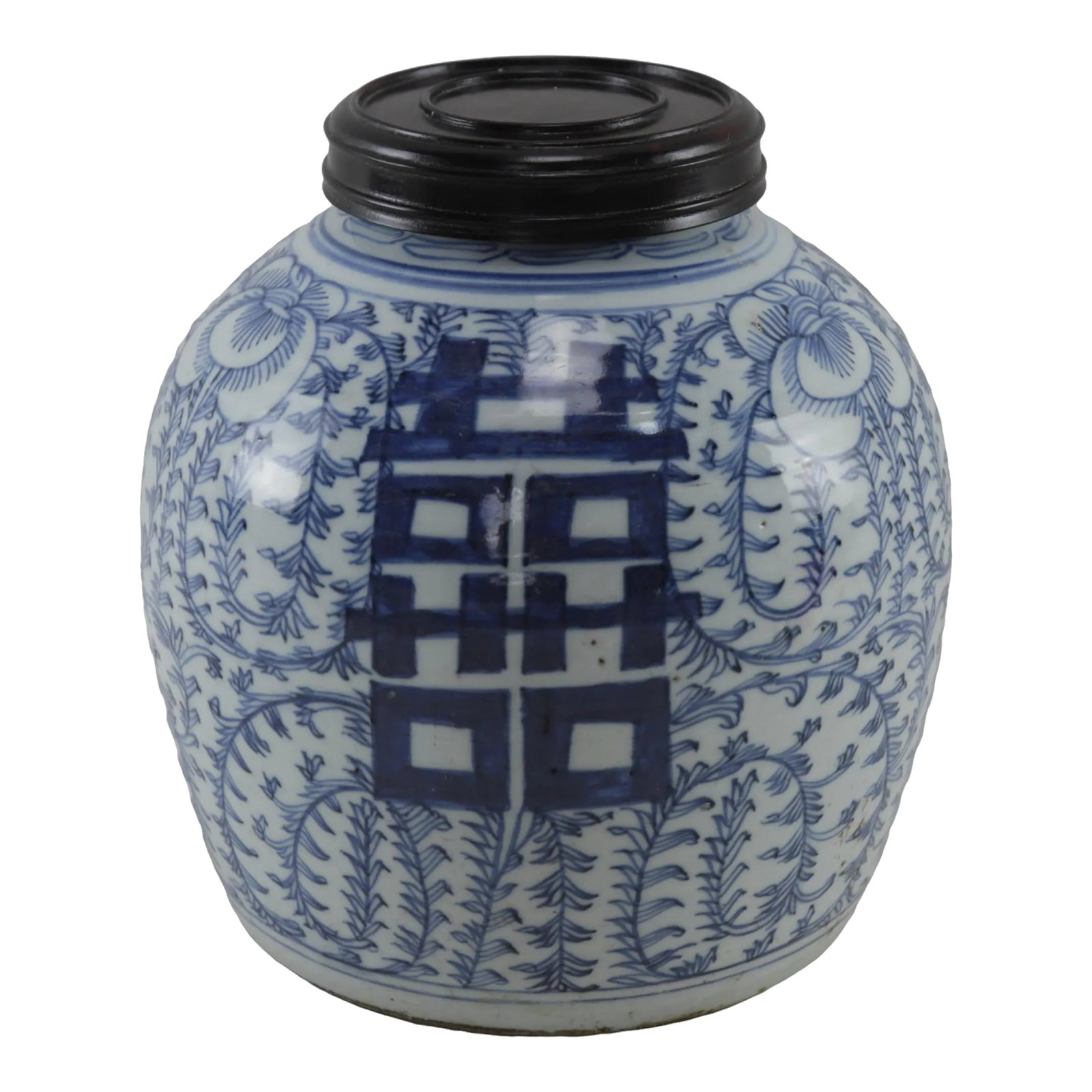 China Mid-Qing Blue and White Porcelain Ginger Jar.: China mid-Qing blue and white porcelain ginger jar. The jar's body is decorated with cobalt blue underglaze flowers, with double happiness symbols on the front and back, and later generations added a