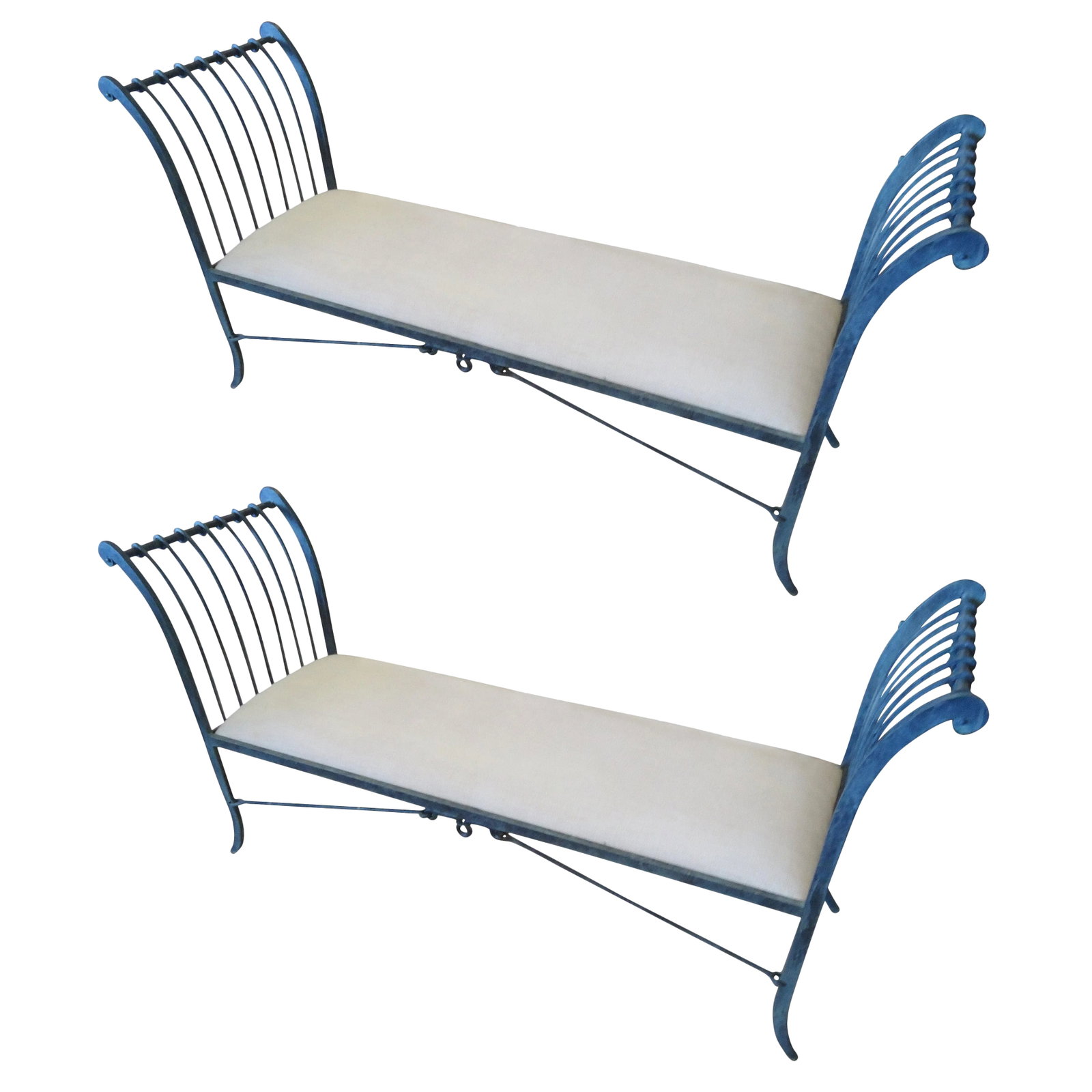 Neoclassical Iron Window Benches by Niermann Weeks - a Pair: Two elegant iron benches with a gorgeous slate and blue/green patina, neoclassical style with criss cross stretchers and upholstered seats. Niermann Weeks label underside. Condition: Alterations: