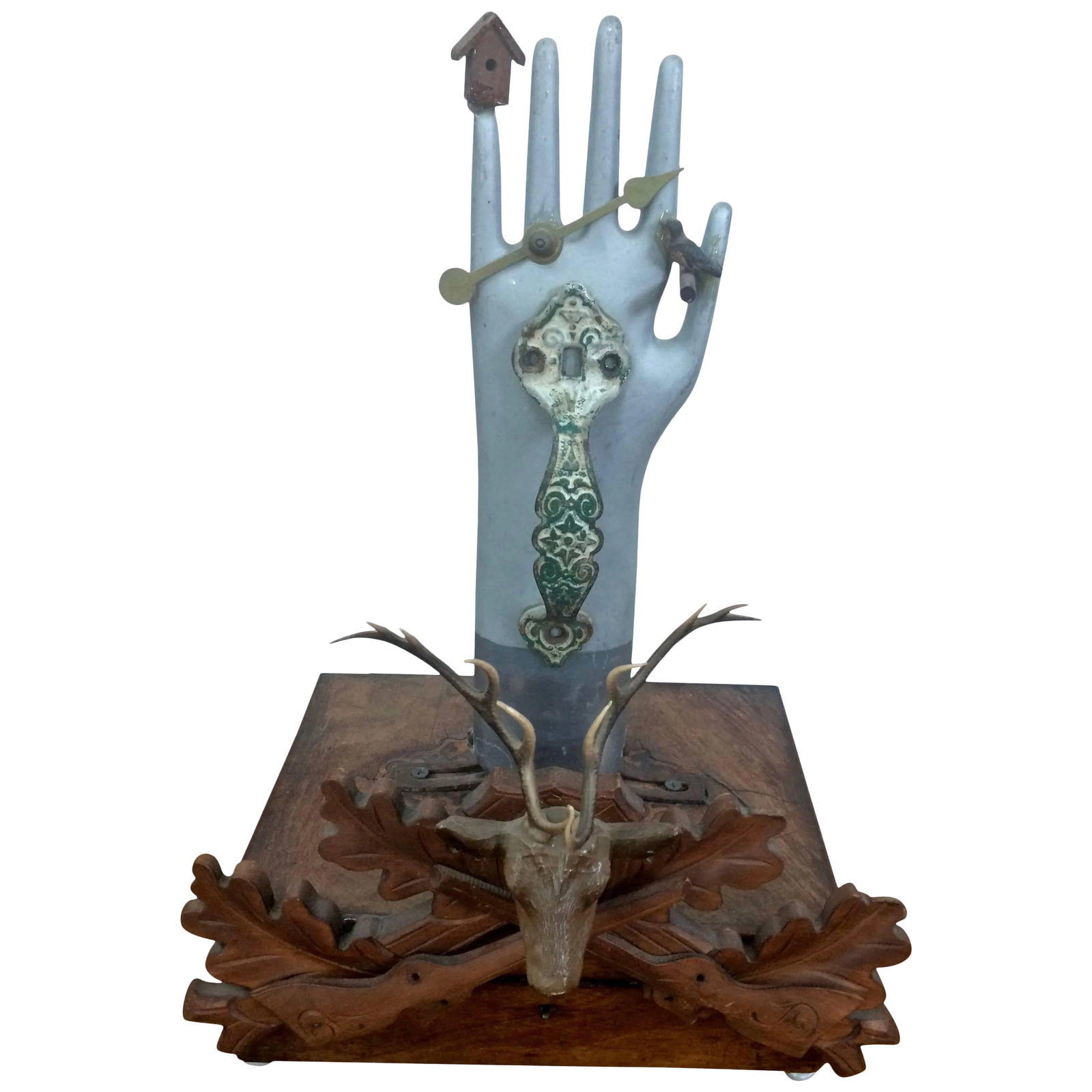 Mixed-Media Assemblage Treasure Box: A work of art starting with an antique weathered inlaid wooden box, and becoming an assemblage including a vintage metal glove mold that acts as the means to opening the box, bits and pieces of a