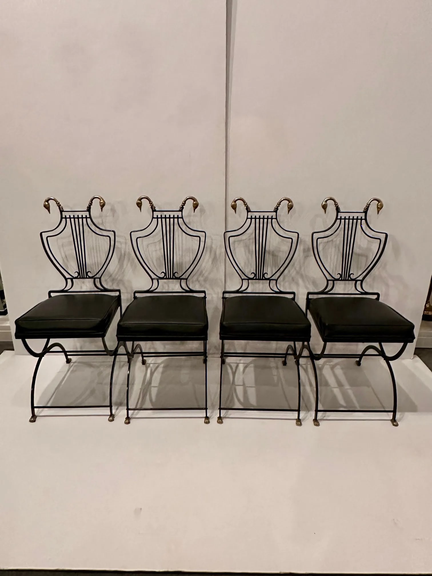 Maison Jansen Black Iron and Brass Swan & Lyre Motif Dining Chairs -Set of 4 - 10