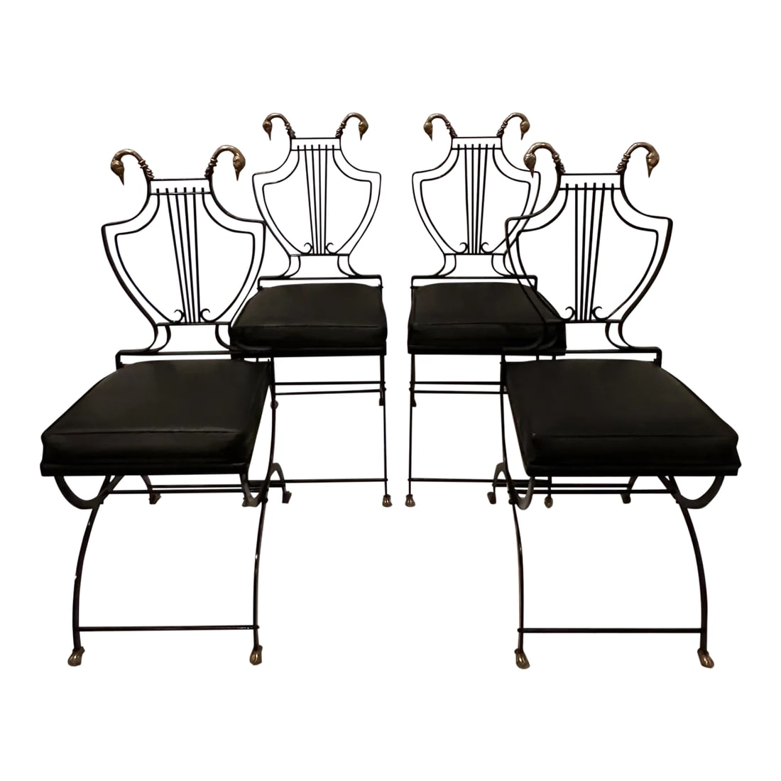 Maison Jansen Black Iron and Brass Swan & Lyre Motif Dining Chairs -Set of 4: Set of 4 exquisite Maison Jansen dining side chairs having black iron lyre backs and frames with amazing brass swan heads at the tops and paw feet at the bottom of the elegant thin legs. Seats are