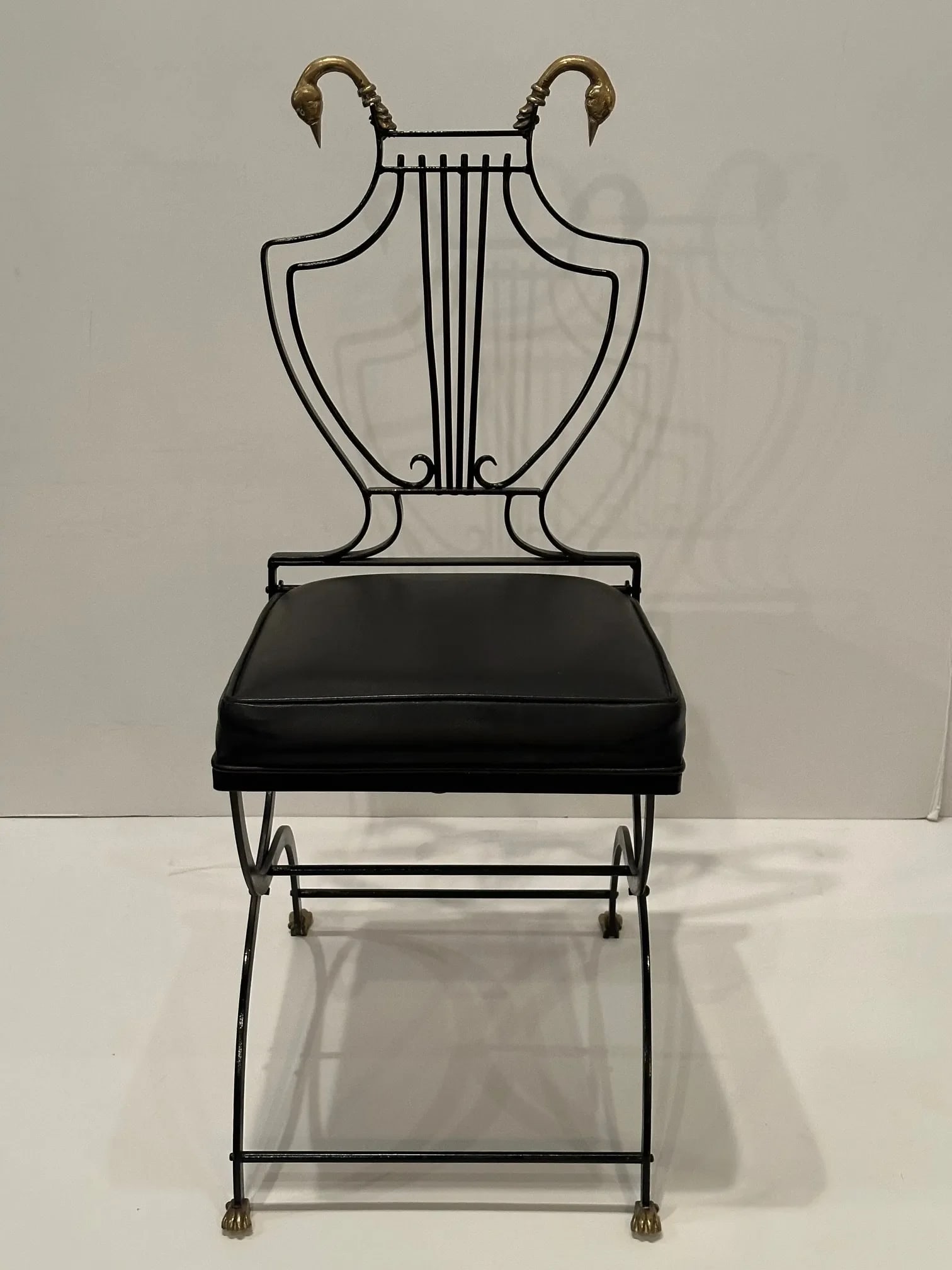 Maison Jansen Black Iron and Brass Swan & Lyre Motif Dining Chairs -Set of 4 - 2
