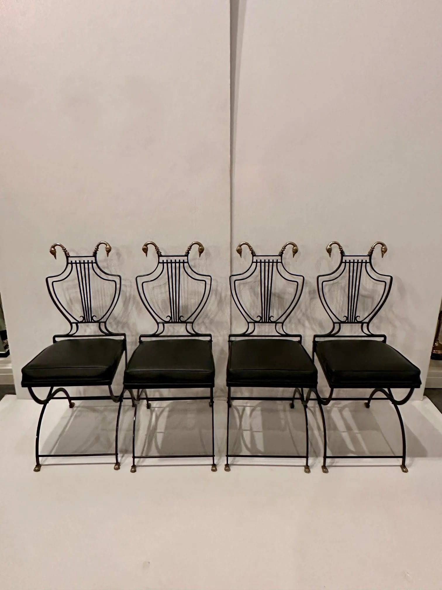 Maison Jansen Black Iron and Brass Swan & Lyre Motif Dining Chairs -Set of 4 - 3