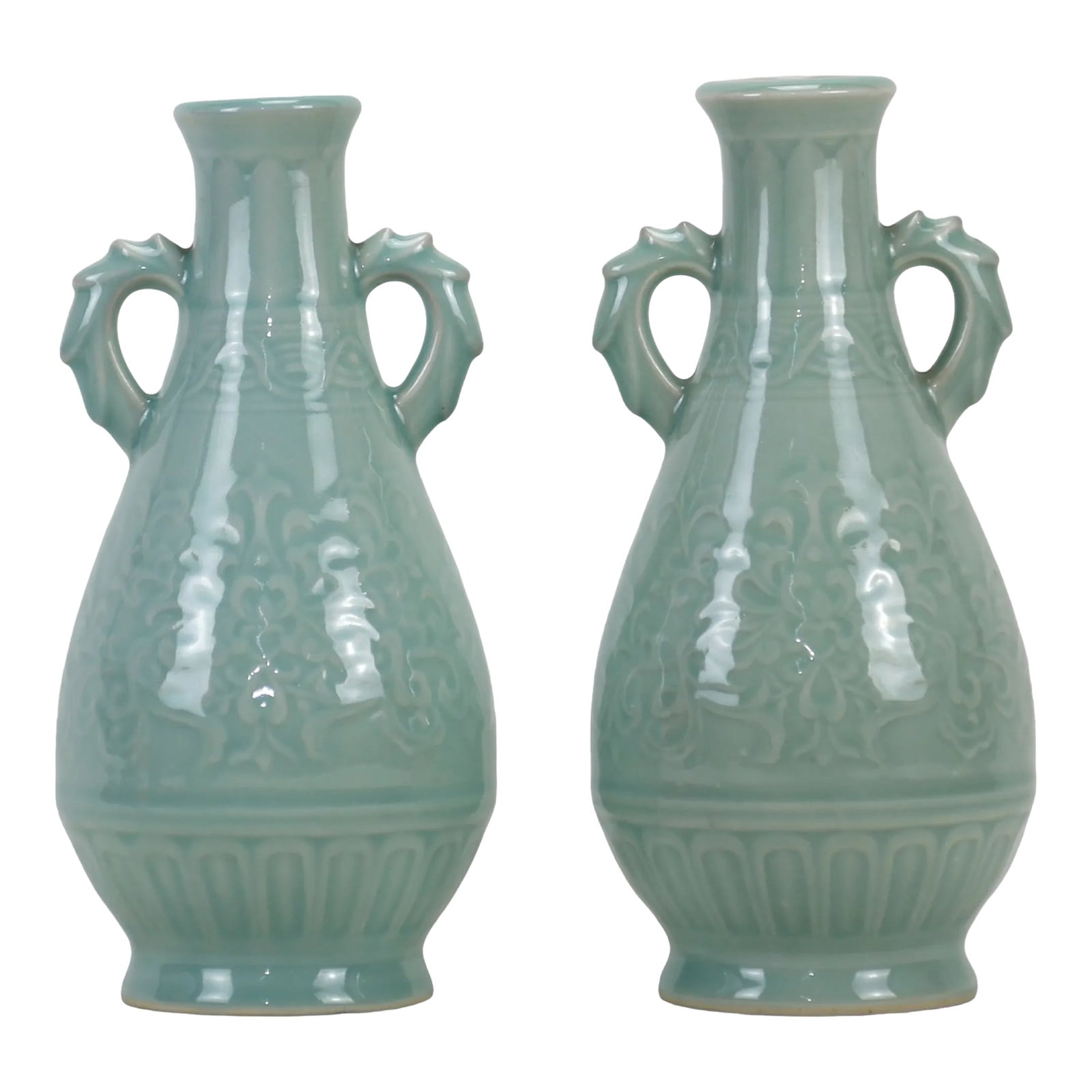 A Pair of 20th Century Celadon Vases With Handles: A pair of 20th-century celadon vases with handles Condition: Alterations: Original Condition Unaltered Imperfections: Some Imperfections Condition Notes: Well preserved, very beautiful Origin: China