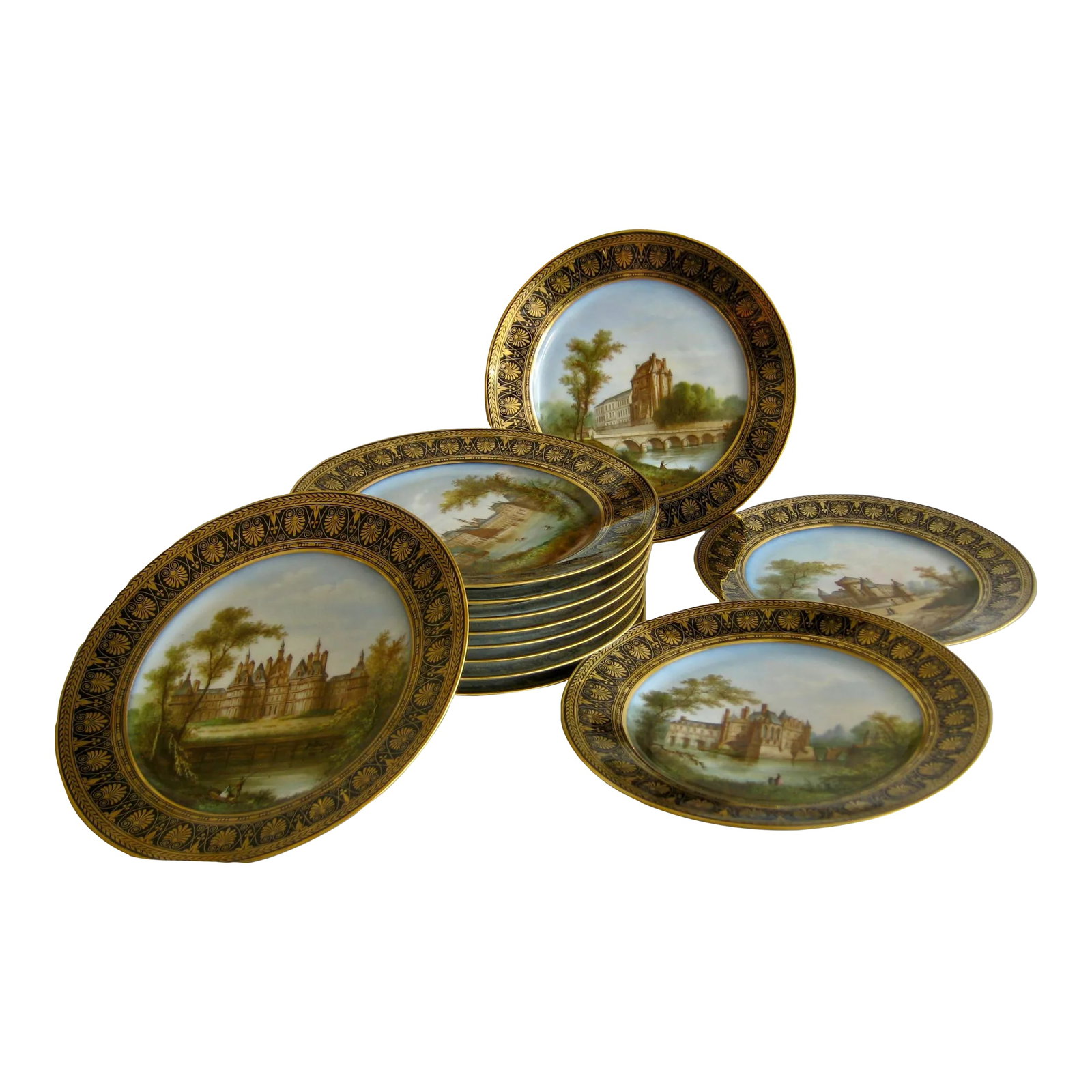 Early 19th Century Sevres Cobalt Bleu French Castles Landscape Plates- Set of 12: Very famous dessert plate set for the king Louis Philippe representing several very known castle from all over France , mainly castles that belong to the king family , you will find Fontainebleau