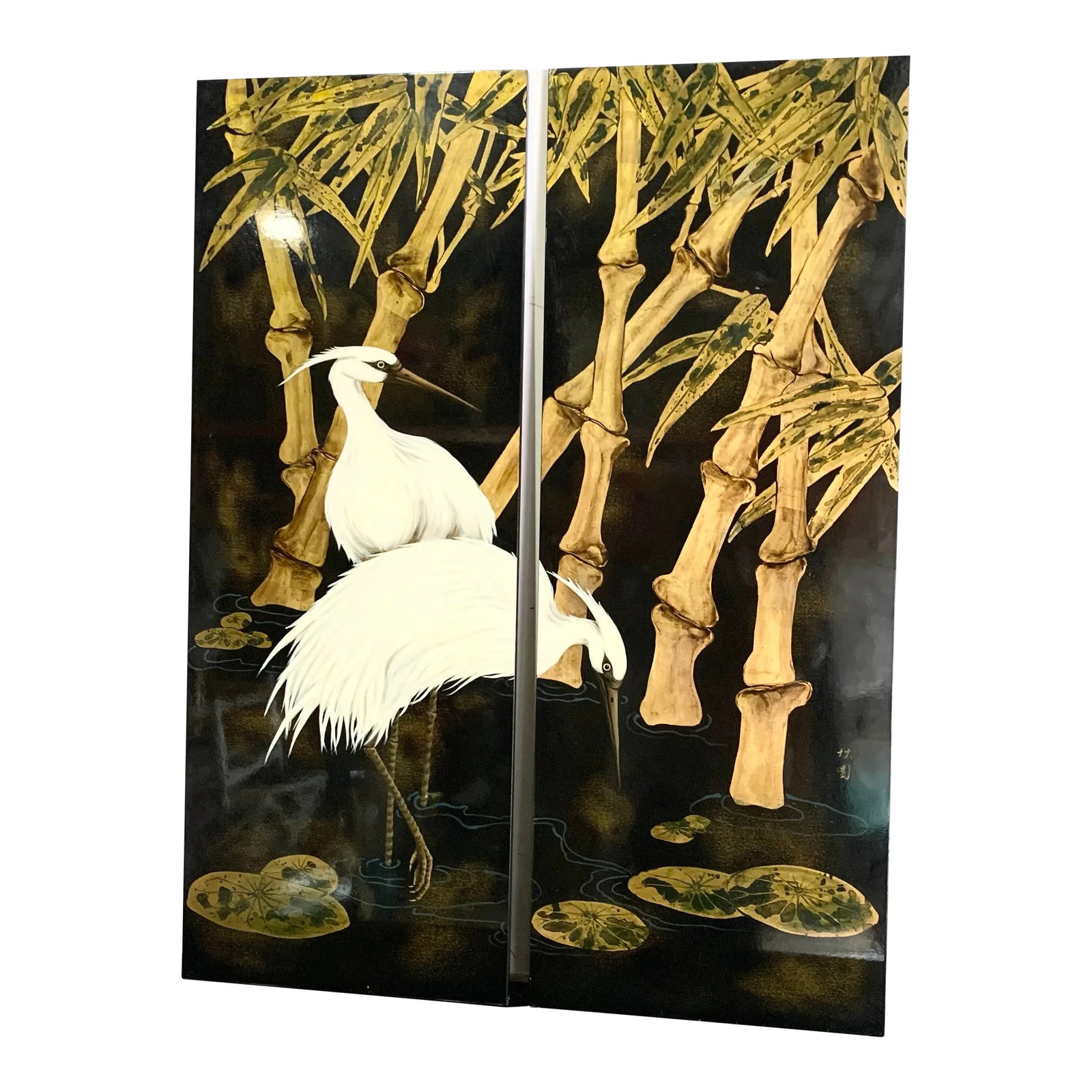 Chinese Hand Painted Egrets Wading Amongst the Trees on Wooden Board - 2 Pieces: This stunning two-piece set features hand-painted egrets gracefully wading among bamboo trees, capturing a serene and timeless moment of natural beauty. The intricate details of the birds and foliage 