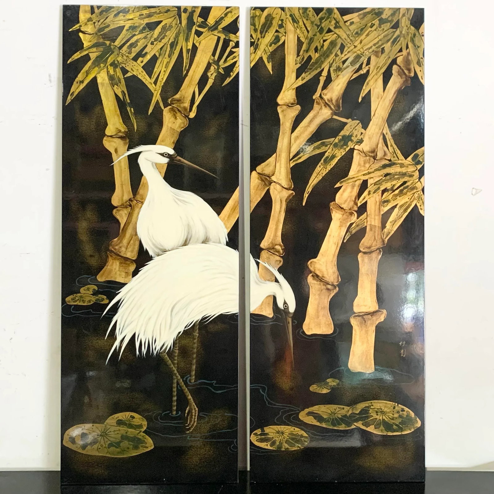 Chinese Hand Painted Egrets Wading Amongst the Trees on Wooden Board - 2 Pieces - 2