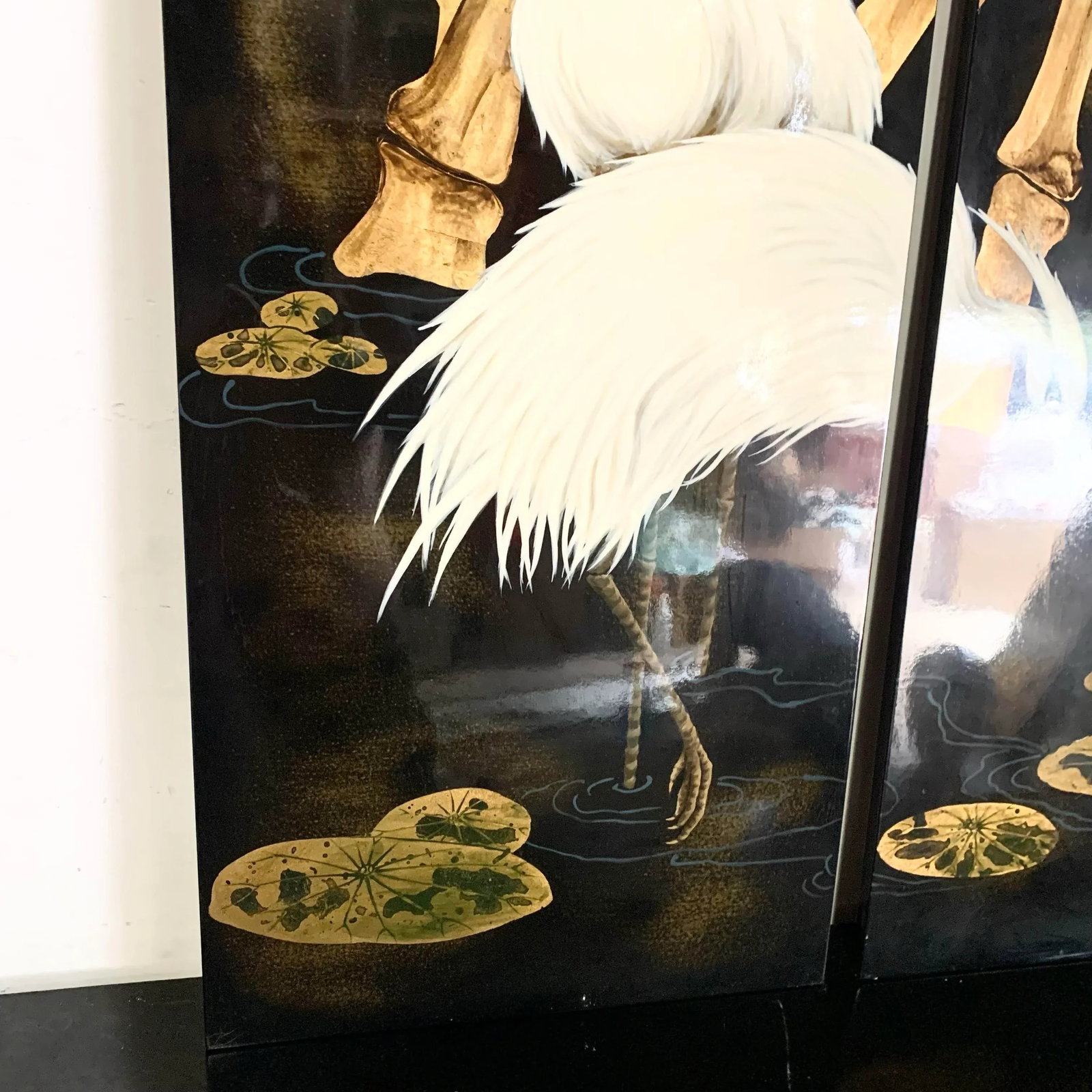 Chinese Hand Painted Egrets Wading Amongst the Trees on Wooden Board - 2 Pieces - 6