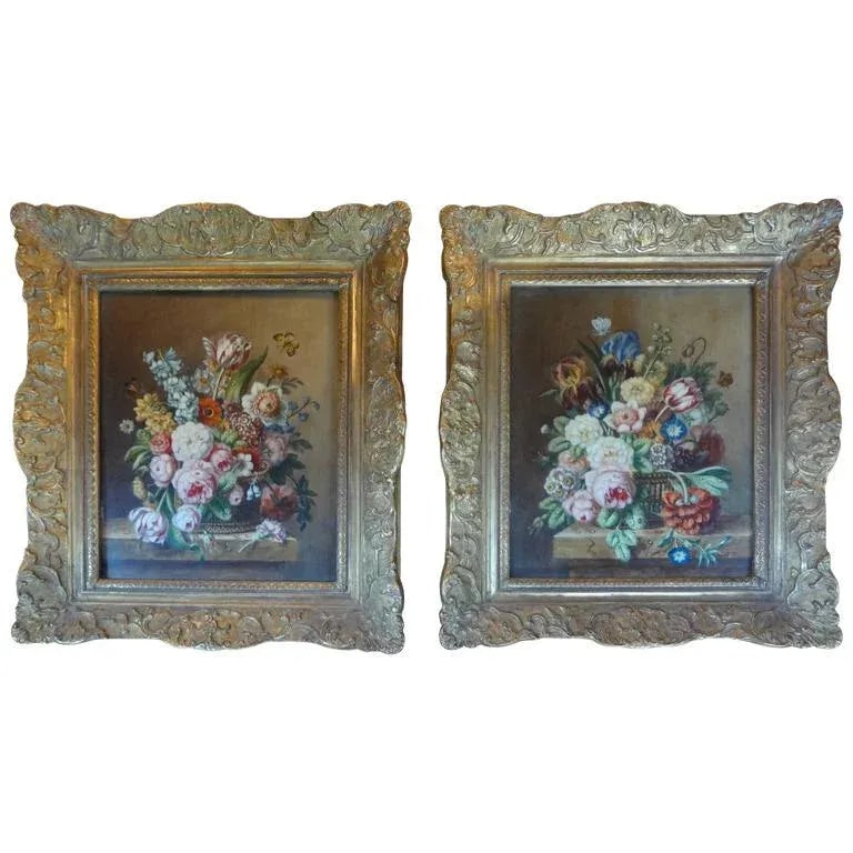 1920's Antique French Floral Oil Paintings - A Pair (1 of 7)