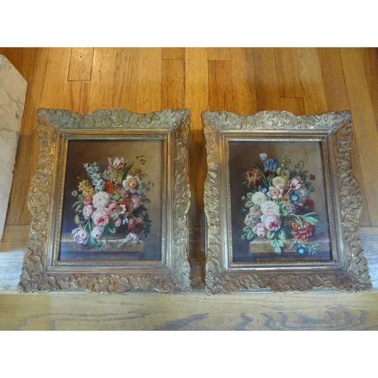 1920's Antique French Floral Oil Paintings - A Pair - 3