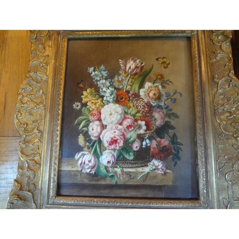 1920's Antique French Floral Oil Paintings - A Pair - 4