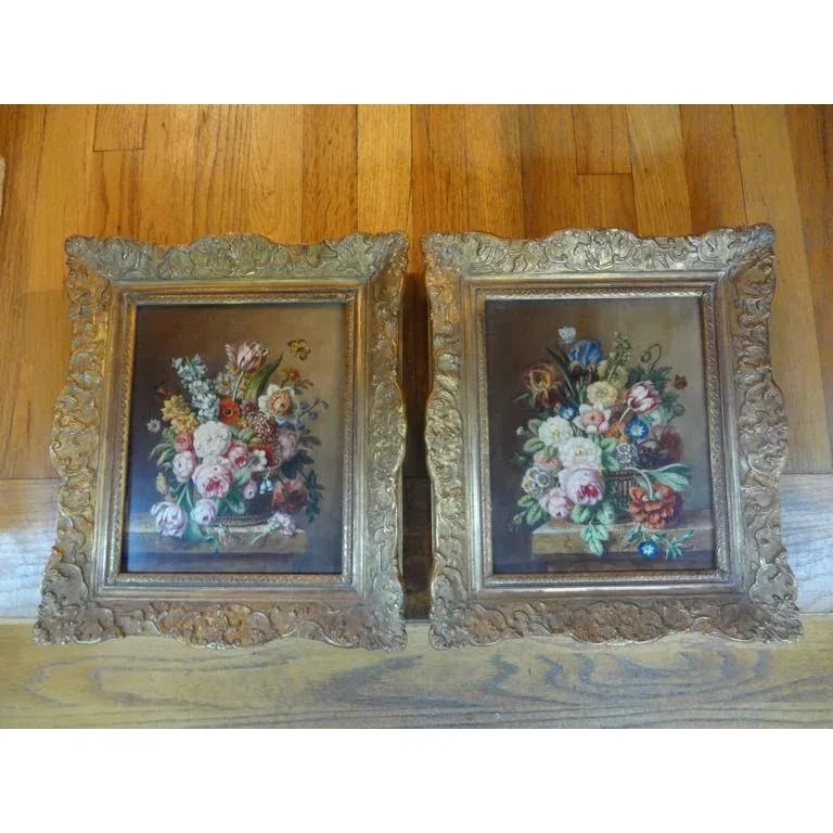 1920's Antique French Floral Oil Paintings - A Pair - 5