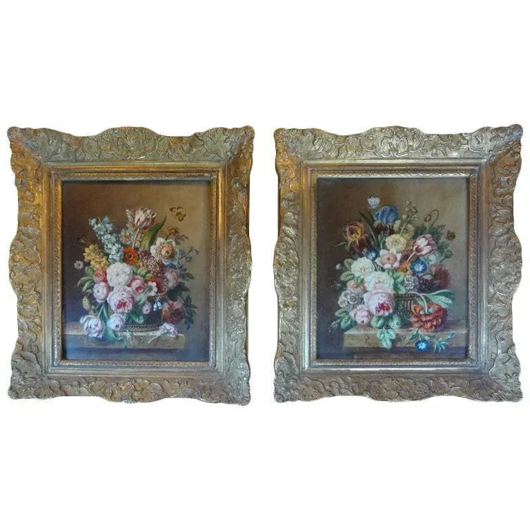 1920's Antique French Floral Oil Paintings - A Pair - 7