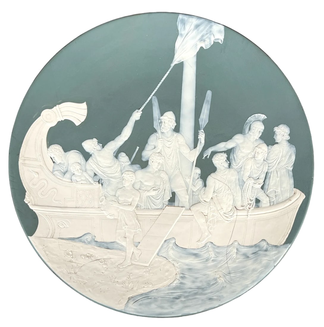 Large Antique Mettlach Villeroy & Boch Stoneware Charger, Depicting Jason and the Argonauts, Signed: Late 19th century, Germany, bisque fired with pate-sur-pate depiction of Jason and the Argonauts, artist impressed stamp lower left, underside stamped "Mettlach". Condition: Alterations: Original