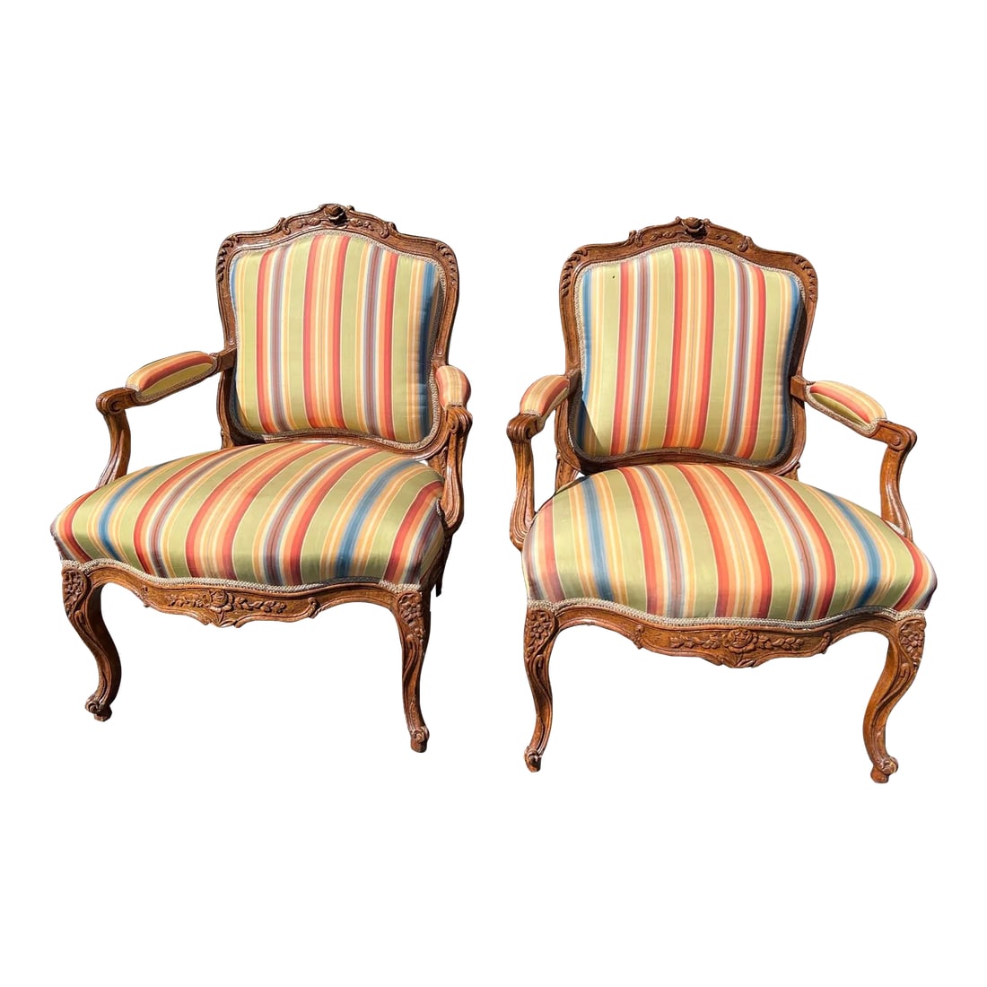 Pair of Carved Oak French Louis XV Styled Fauteuils by Don Ruseau, 1960s: A Fine Pair Of Carved Oak French Louis XV Styled Fauteuils By Don Ruseau, 1960's Made by the Don Ruseau furniture company of NYC. (Not marked) Typical high quality and well executed furniture, hand ca