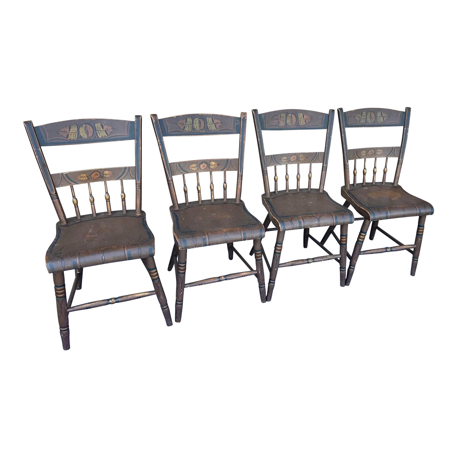 Set of 4 Paint Decorated Plank Seat Chairs, Pennsylvania, Circa 1850's: A Very Nice Set of 4 Paint Decorated Plank Seat Chairs, Pennsylvania, Circa 1850's Signed in pencil on the bottom. Difficult to read, but there is a name, and a place. The place is "Moss Hill, PA".