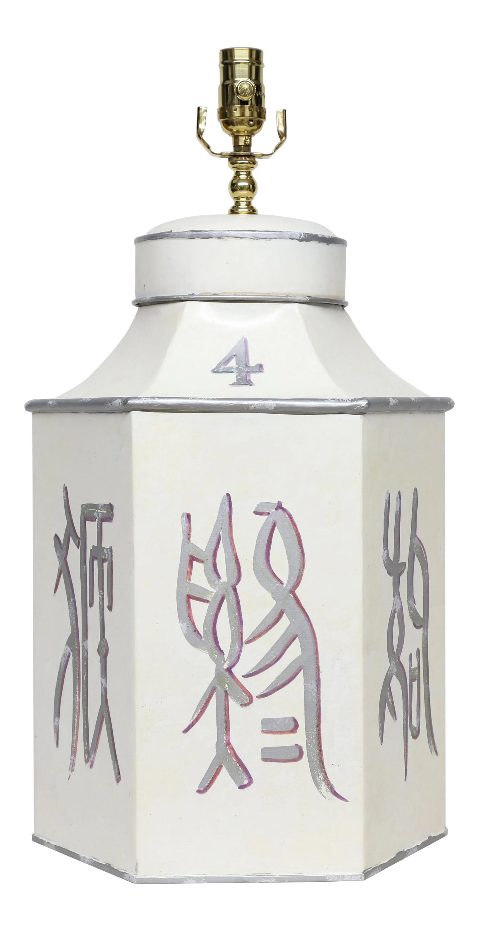 Late 20th Century Hand-Painted Hexagonal Iron Tea Canister Table Lamp With Silver Calligraphic Desig: This late 20th-century hand-painted iron table lamp cleverly blends geometric shapes with calligraphic elegance. Based on the classic European export hexagonal tea canister, the lamp features a