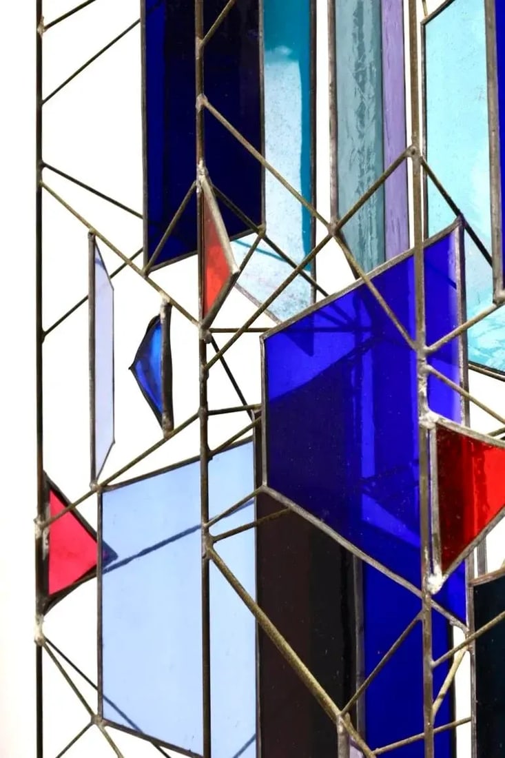 Mid 20th Century Sculptural Stained Glass Tri-Partite Screen, Room Divider, Blue, J. Ferguson Usa- S - 2