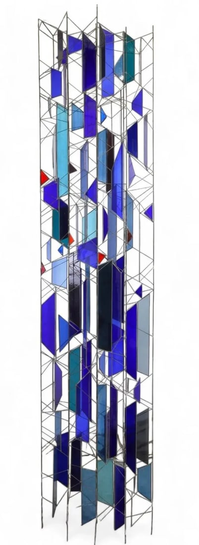 Mid 20th Century Sculptural Stained Glass Tri-Partite Screen, Room Divider, Blue, J. Ferguson Usa- S - 3