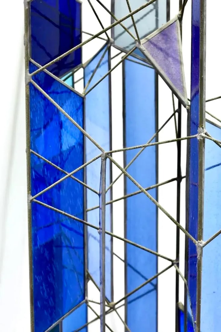Mid 20th Century Sculptural Stained Glass Tri-Partite Screen, Room Divider, Blue, J. Ferguson Usa- S - 5