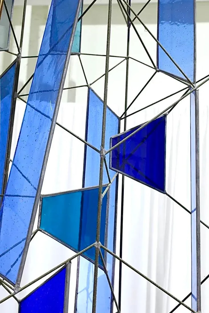 Mid 20th Century Sculptural Stained Glass Tri-Partite Screen, Room Divider, Blue, J. Ferguson Usa- S - 8
