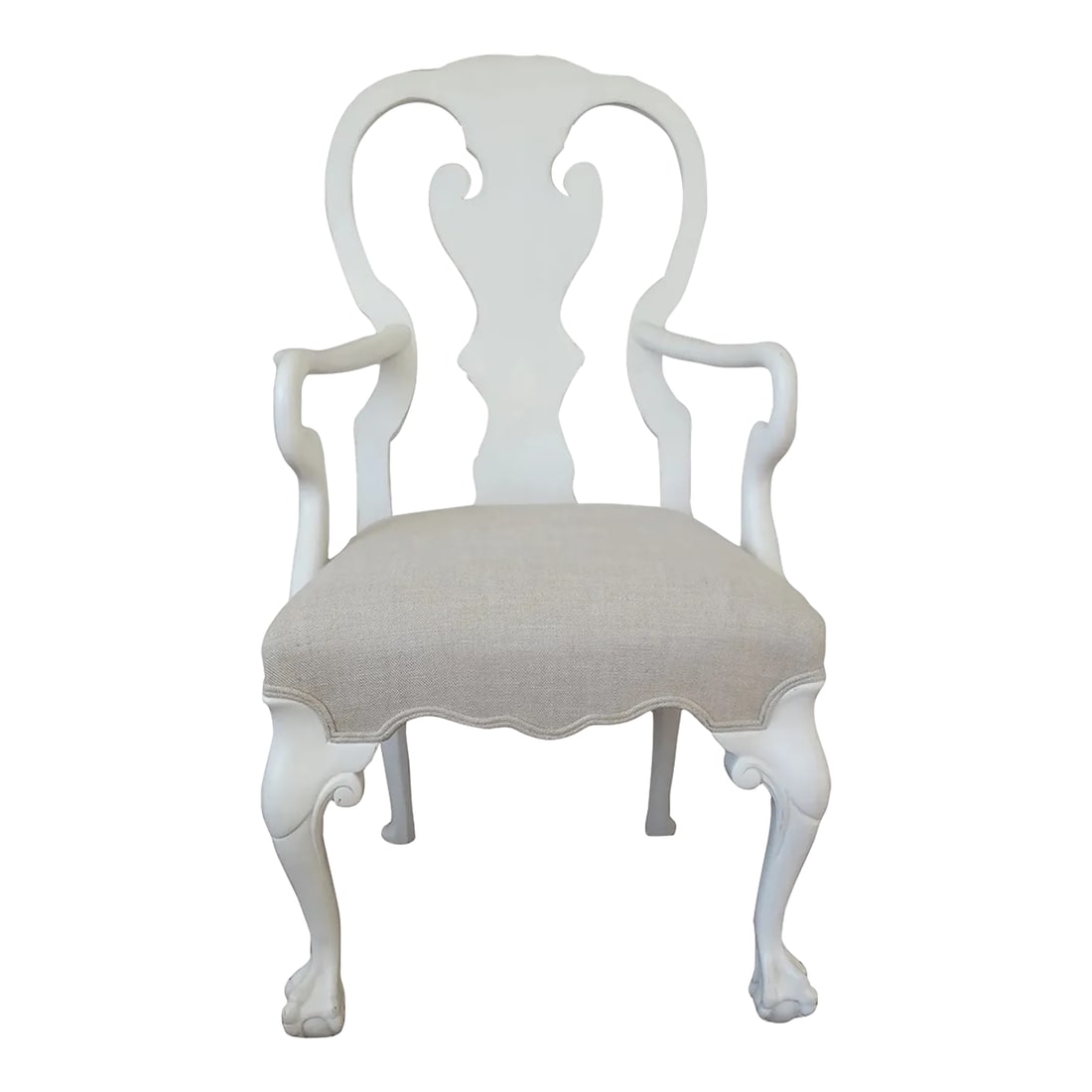 Minton-Spidell Ball and Claw Foot Armchair: Wonderful painted antique white finish with linen upholstery, ball + claw chair from luxury furniture maker Minton Spidell. No apparent makers tag. Condition: Alterations: Original Condition