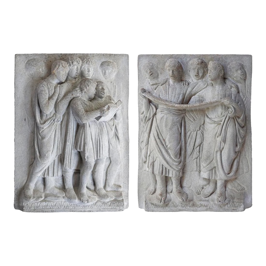 Antique Cement Frieze for the Garden - A Pair: Unusual Antique Cement Frieze for the Garden, Pair. Depiction of Choir boys. 3D frieze. Chains are embedded in back for hanging on stone/brick walls. Condition: Alterations: Original Condition Unalter