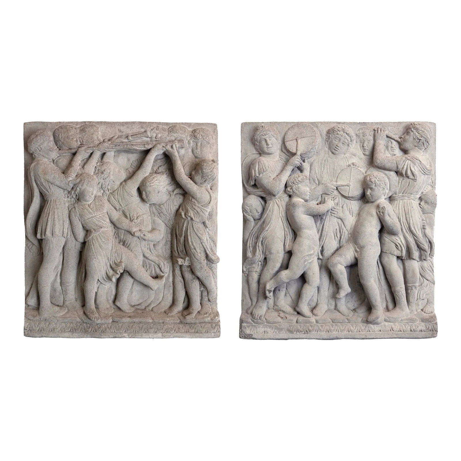 Mid 20th Century Concrete Cherub Frieze Garden Art - A Pair: An Unusual Pair of Antique Concrete Cherub Frieze Garden Art. Add to a stone wall or brick wall to adorn your Garden / Outdoor Living Spaces. Condition: Alterations: Original Condition Unaltered