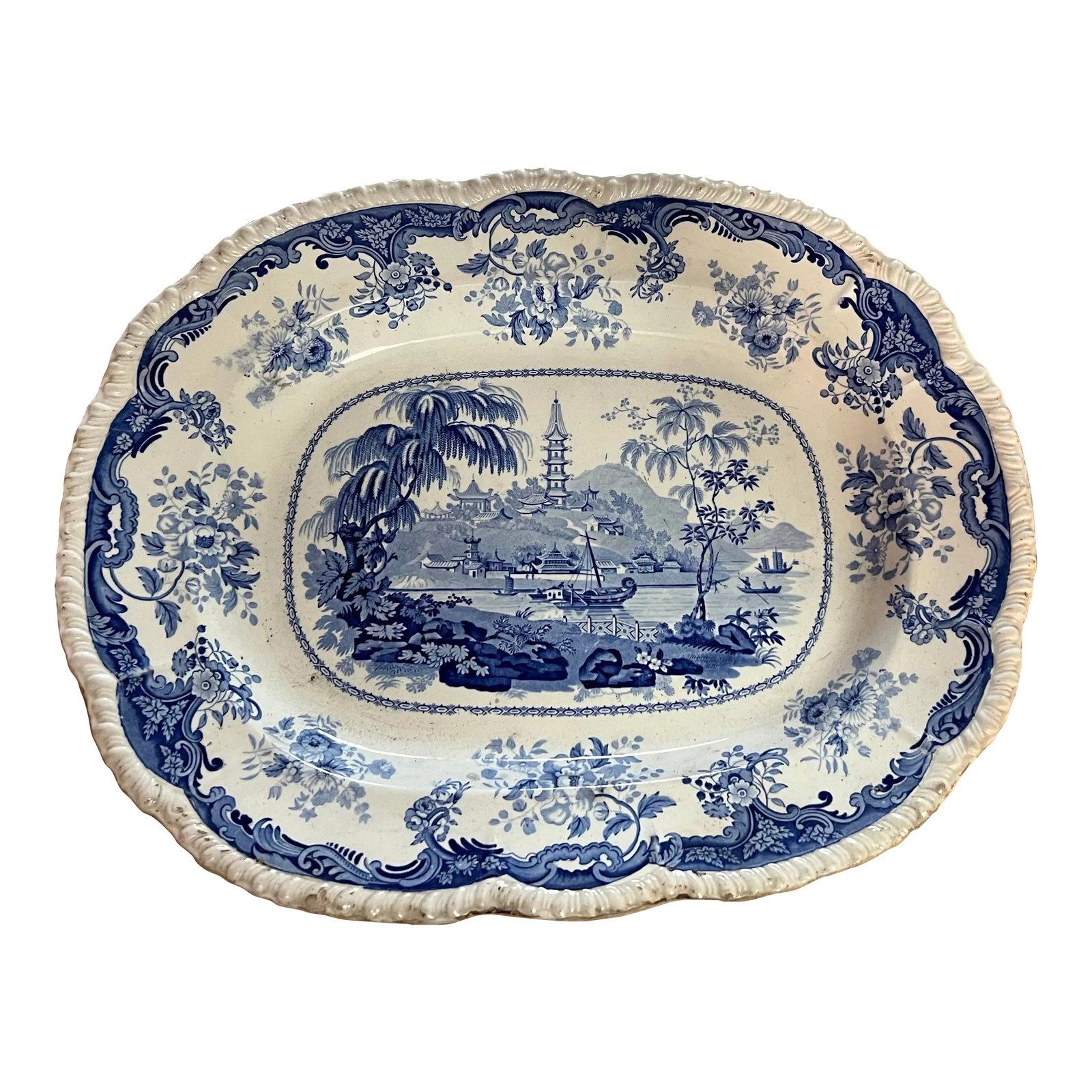 Antique English Staffordshire Blue Transfer Decorated Platter " Chinese Marine" (1 of 12)