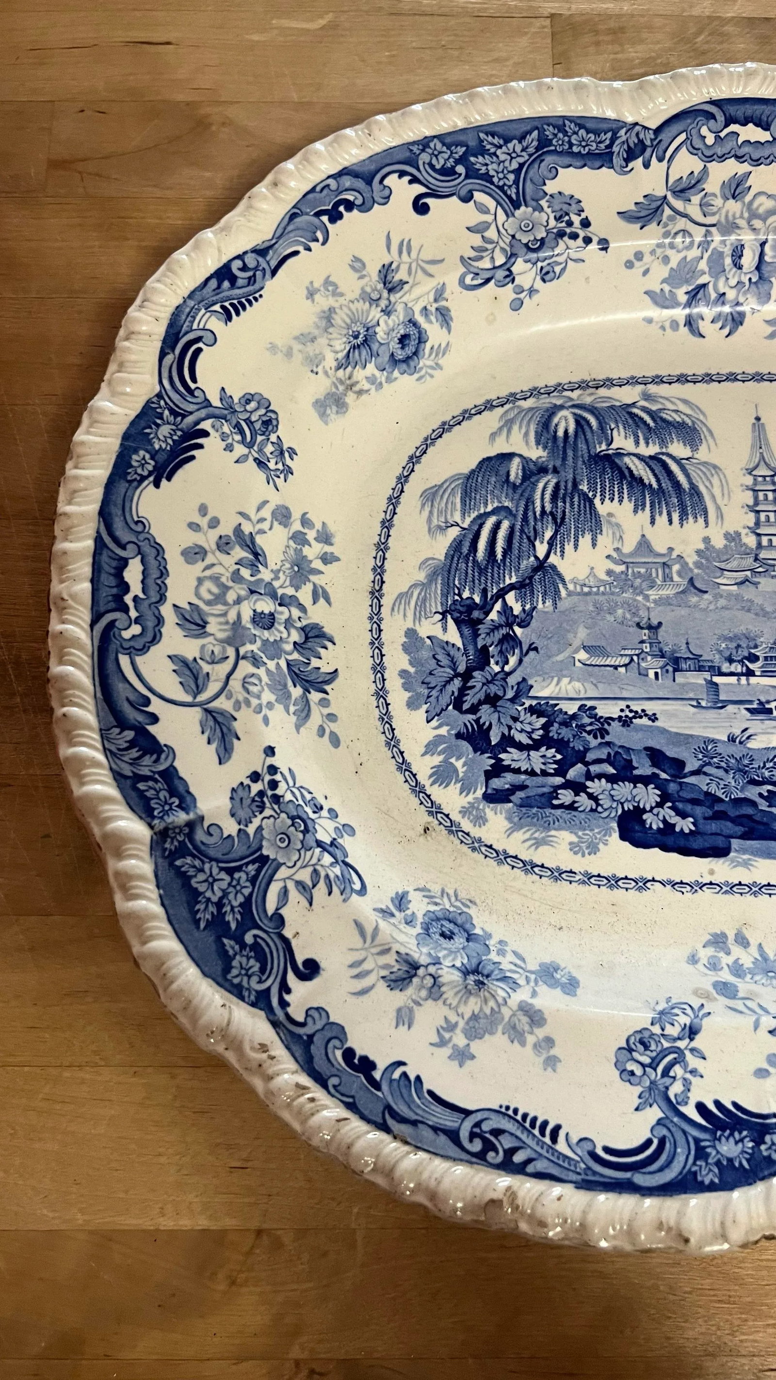 Antique English Staffordshire Blue Transfer Decorated Platter " Chinese Marine" - 3