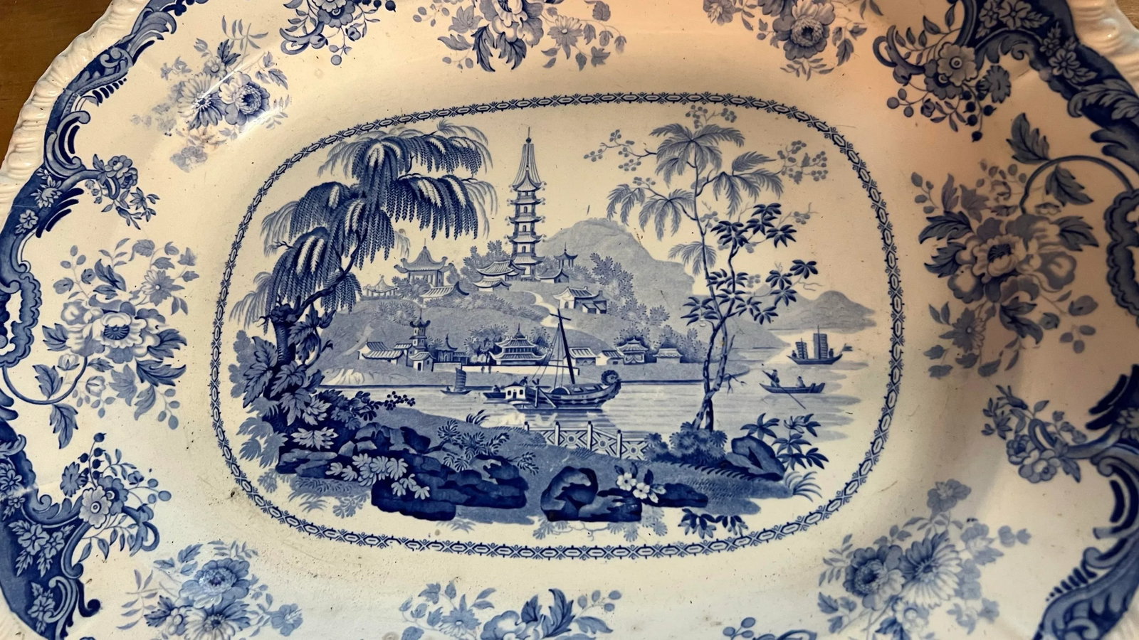 Antique English Staffordshire Blue Transfer Decorated Platter " Chinese Marine" - 4