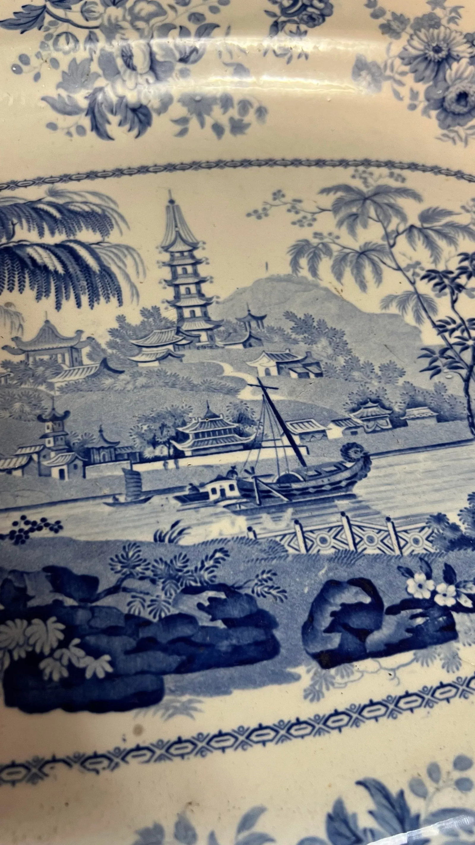 Antique English Staffordshire Blue Transfer Decorated Platter " Chinese Marine" - 6