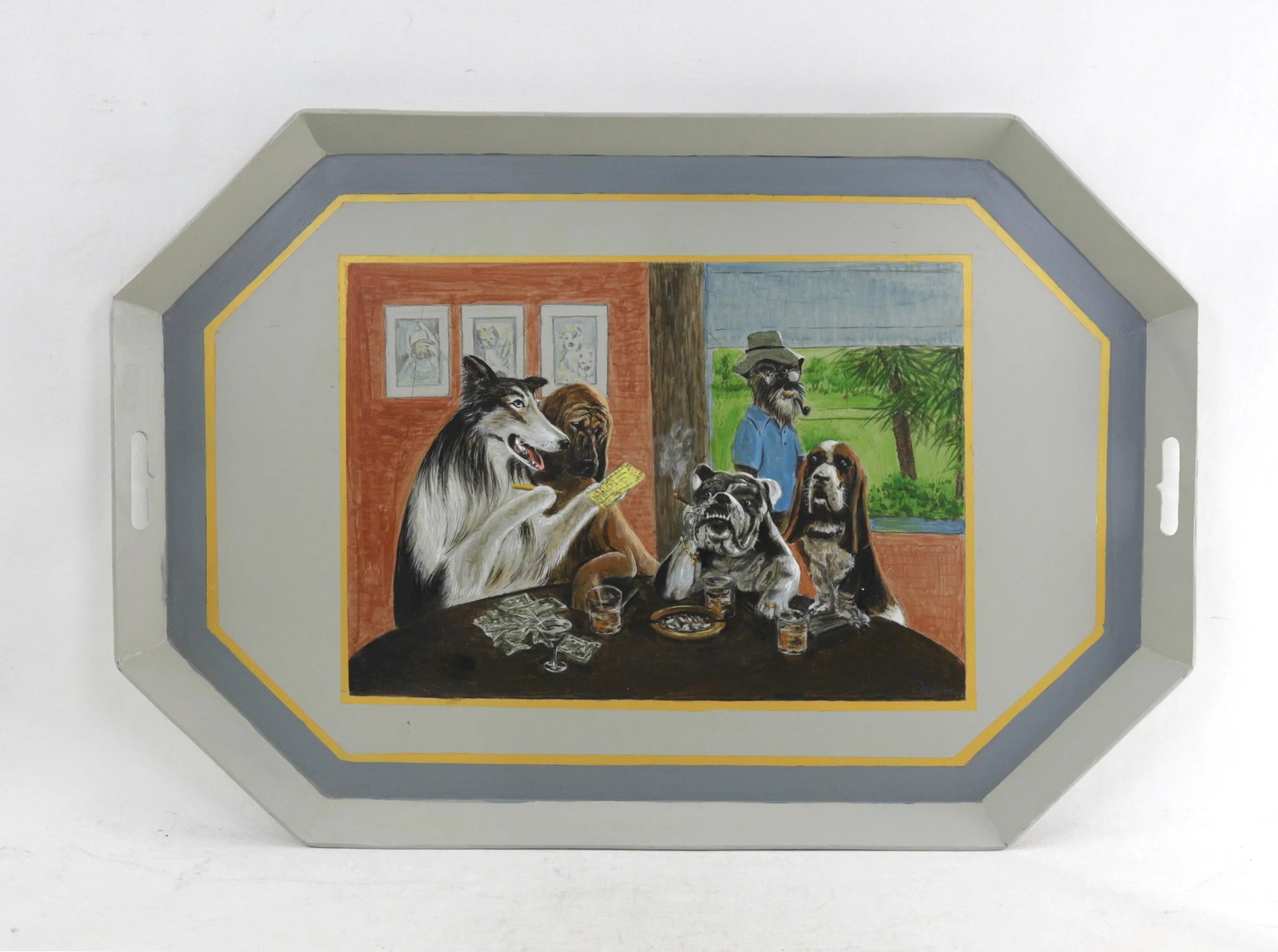 Vintage Iron Handmade Tray With Unique Puppy Playing Cards Scene - 10