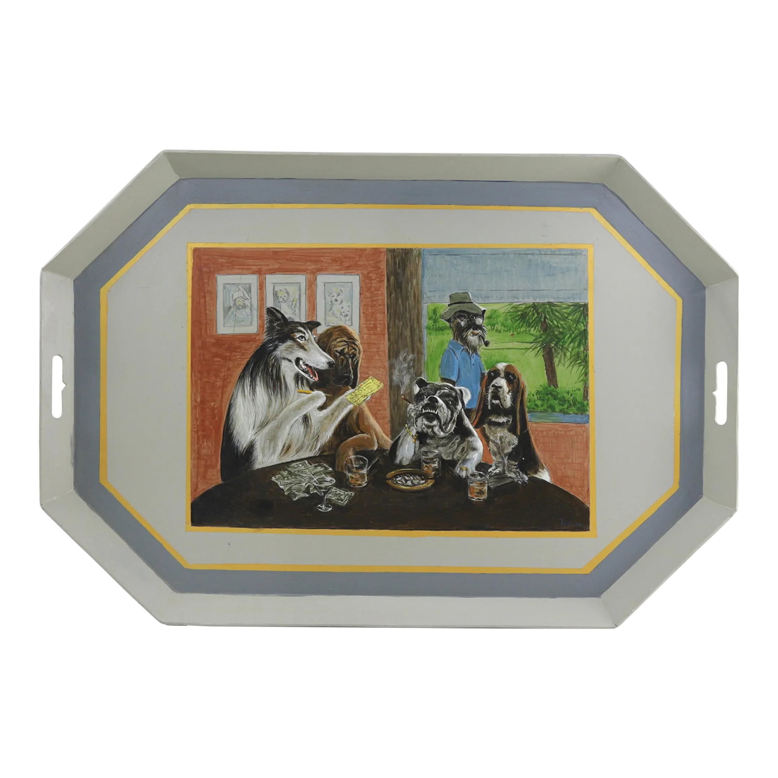 Vintage Iron Handmade Tray With Unique Puppy Playing Cards Scene: This handmade iron tower presents a group of dogs playing cards at the table in a humorous painting style. The dogs in the painting are unique and slightly funny as if they are in a fierce battle. Car