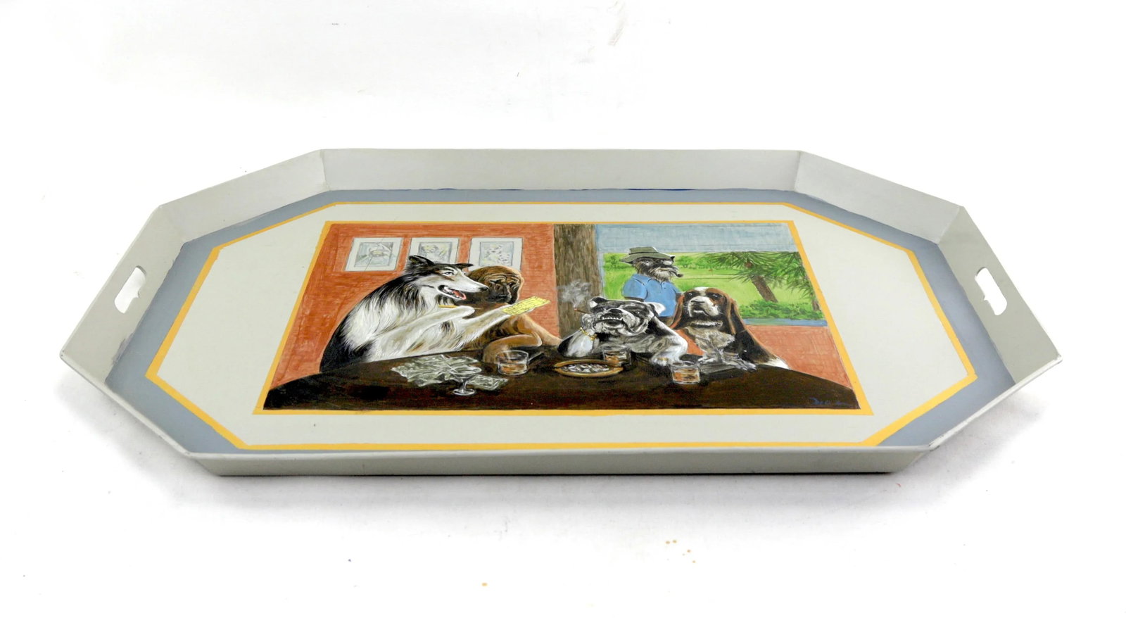 Vintage Iron Handmade Tray With Unique Puppy Playing Cards Scene - 2