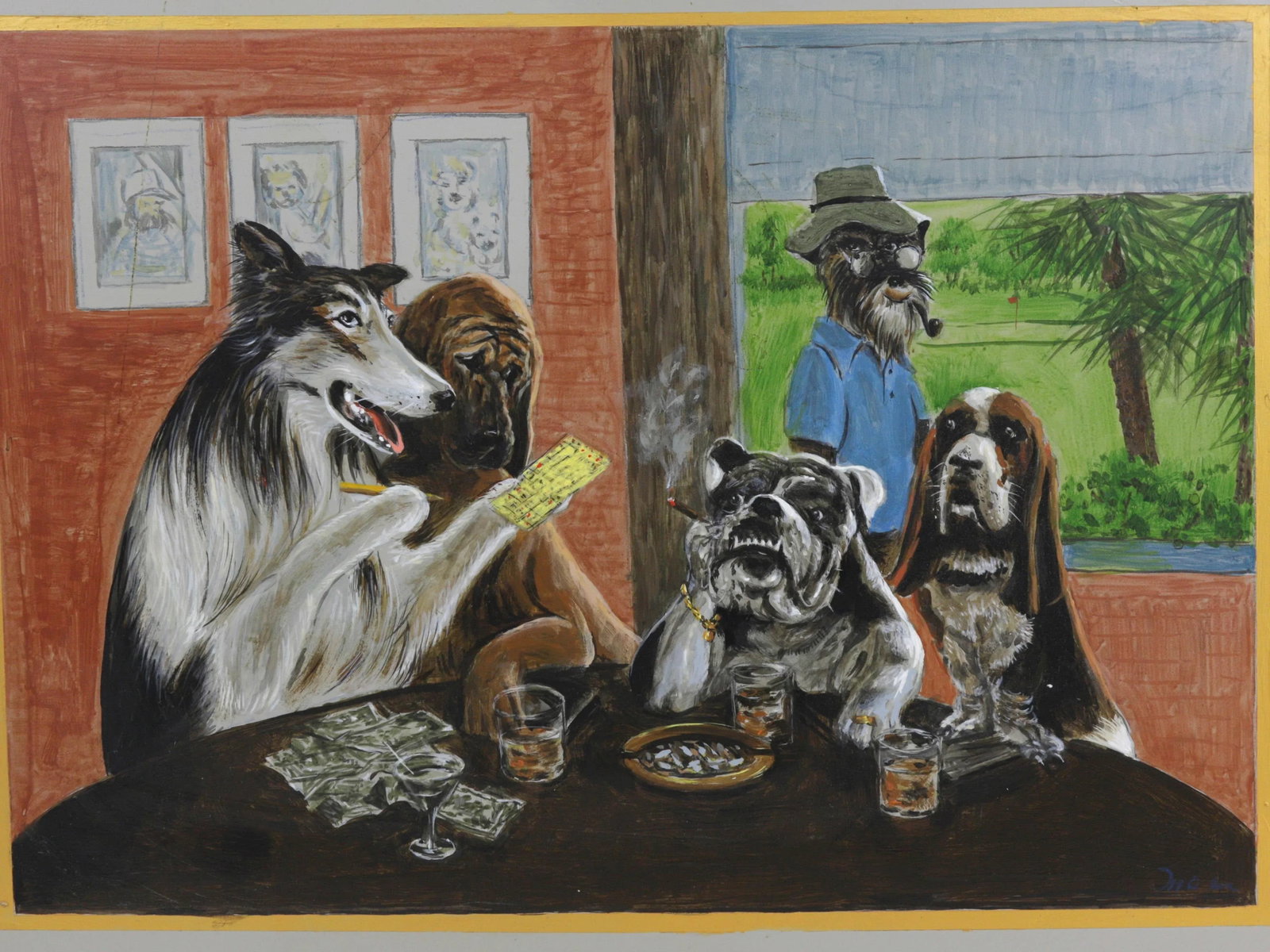 Vintage Iron Handmade Tray With Unique Puppy Playing Cards Scene - 3