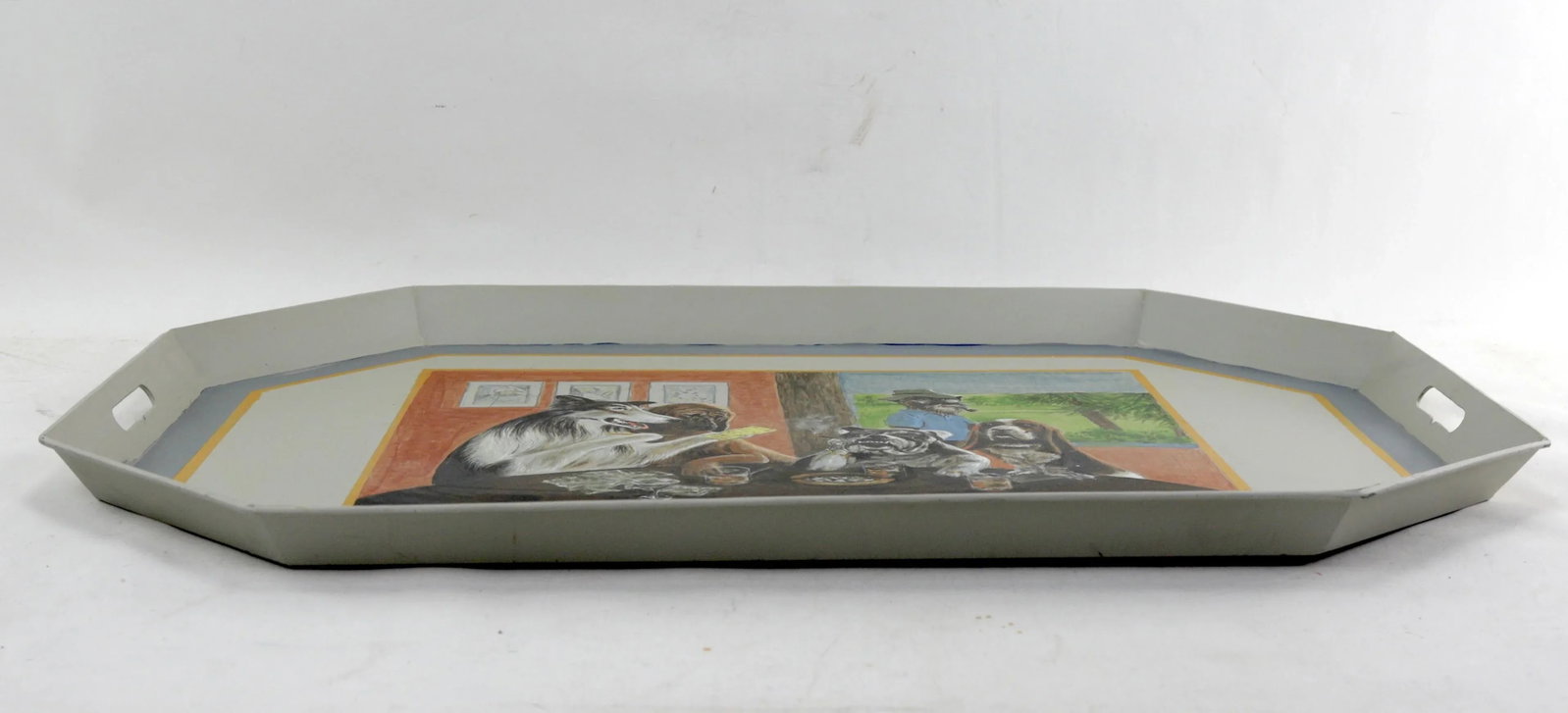 Vintage Iron Handmade Tray With Unique Puppy Playing Cards Scene - 6