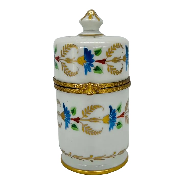 Vintage Le Tallec Enamel Decorated & Gilt Porcelain Box Circa 1966: This exquisite vintage Le Tallec porcelain box, dating to circa 1966, features intricate hand-painted enamel decoration and lavish gilt accents. Crafted in the French Limoges tradition, the box showca