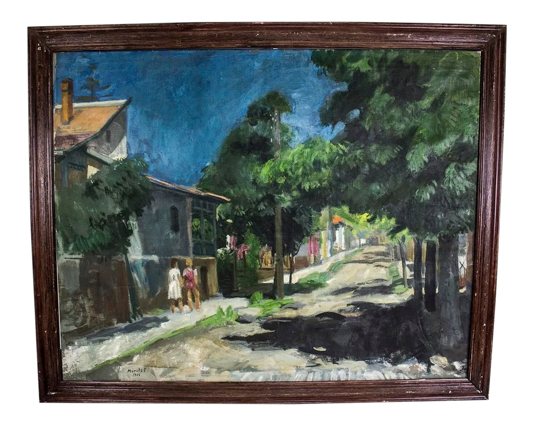 1956 Impressionist Oil Painting Plein Air Rural Landscape Signed M Moritz: Charming mid-century plein air oil on canvas painting signed S Moritz & dated 1956. A Certificate of Authenticity is attached to the back from an old New York Gallery. It appears to be in its original