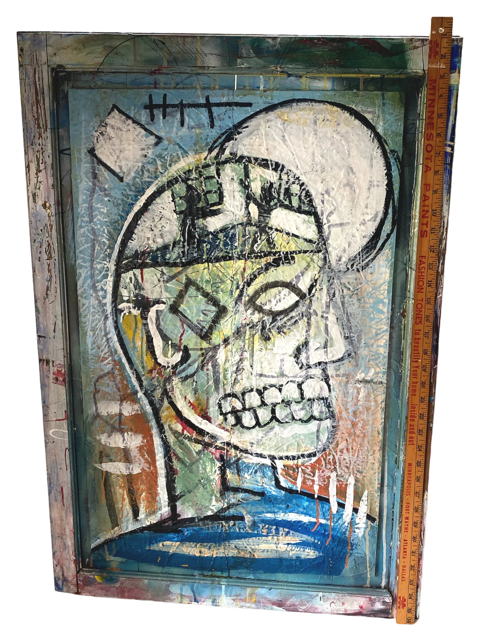 1990s Contemporary Outsider Tramp Art Portrait of a Man Skull in the Style of Jean Michel Basquiat - 8