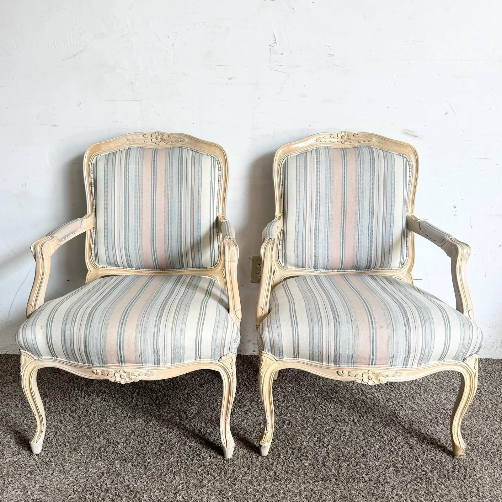 French Provincial Blonde With Blue and Pink Striped Fabric Arm Chairs - a Pair - 2